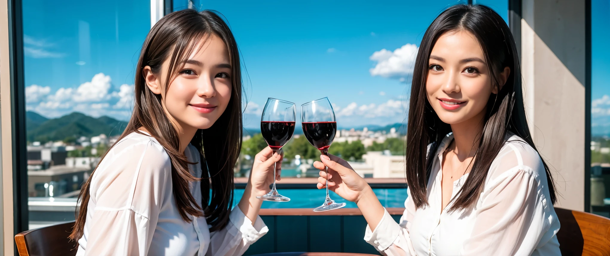 ((highest quality、8k、masterpiece:1.3))、Sharp focus:1.2、Beautiful woman perfect body:1.4、slimなボディ、((Bob Hale、Straight hair:1.2))、(to be born, highest quality, masterpiece:1.5), (Realistic, Intricate details:1.2), テーブルにwine glass、Put the light on your face、 Amazing view of the sunset sky and clouds、Amazing mountain views、ニコニコ明るいsmile、smileの素敵な女性、Bright image、2. The beauty of wine, Beautiful Face, blue eyes, The light shines on your face, Blushing, short hair,Bright Face、Fox face、 (43 years old), 39 years old, Lady、red wine 、Appetizers、Italian food、Wine bottle、Champagne、sparkling wine、Two beauties、Brown Hair、Shortcuts、Long sleeve shirt、dress、Pretty Woman 1, (slimな顔), (The body is slim), (Brown Hair), (Shortcuts), cheeks turn a little red,Attractive beauty、, Out of the window, A beautiful and detailed night view unfolds.........., restaurant, In a prominent place (From the waist up) Nova Frog Style, actress, model, Upper Body, White wine, slim, wine glass, 真ん中に置かれたwine glass, smile, (smile: 1.15), Beautiful fine grain, Depth f/2,saturation, High Contrast, Strong light and shadow,Moist Body:1.5、3D texture、Delicate eyes、Brown Hair、The hair is very shiny、