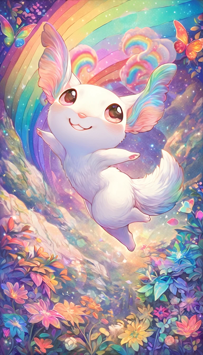 Super Deformation, Furry, interesting, highest quality, highest quality, 16k, A cute fluffy white flying squirrel, A big smile, Cute pose, in the forest, Fantasy world image, Fantastic and mysterious, Sparkling rainbow pastels and vibrant colors、Diverse visual style combining various artistic elements