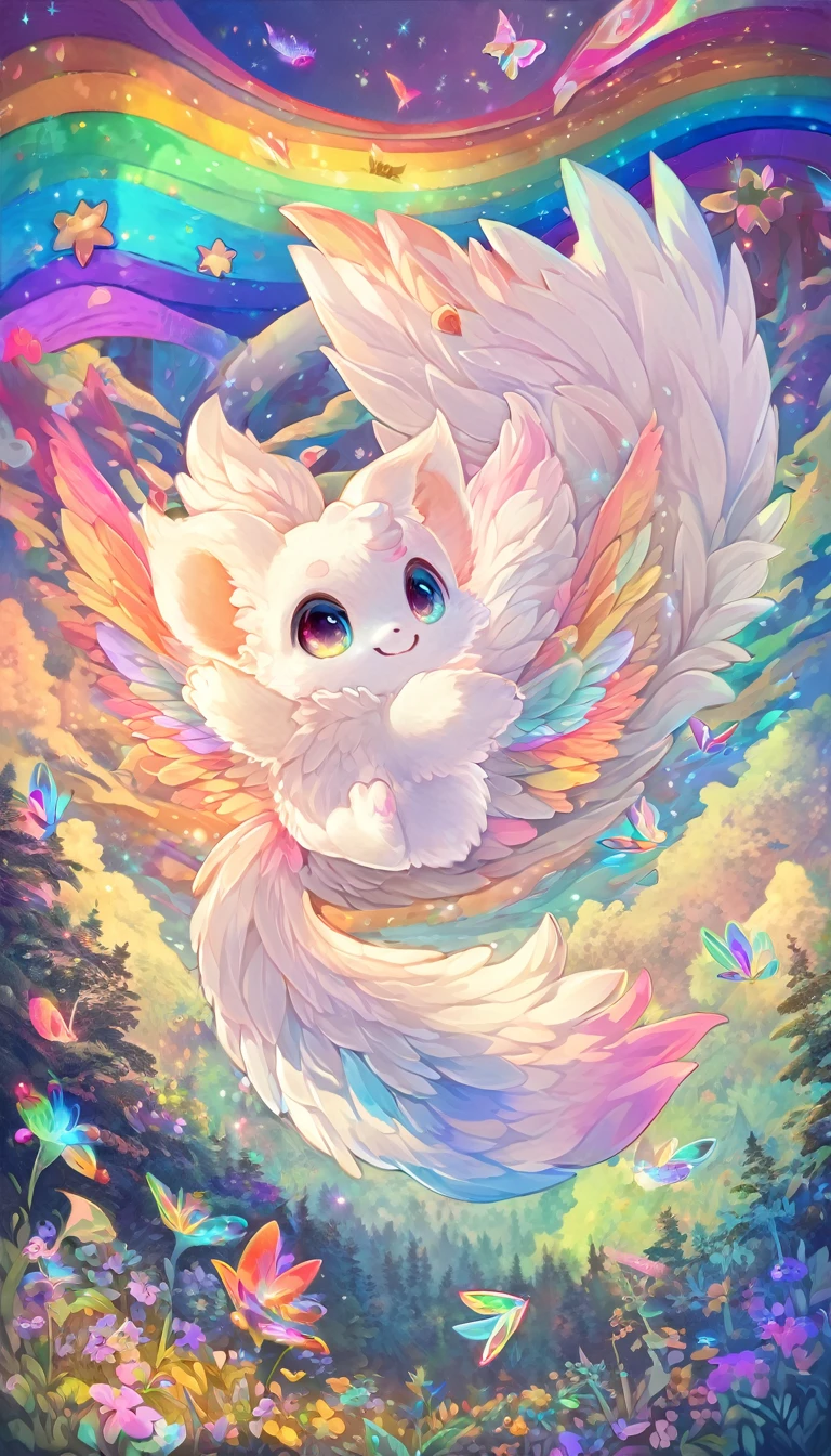 Super Deformation, Furry, interesting, highest quality, highest quality, 16k, A cute fluffy white flying squirrel, A big smile, Cute pose, in the forest, Fantasy world image, Fantastic and mysterious, Sparkling rainbow pastels and vibrant colors、Diverse visual style combining various artistic elements