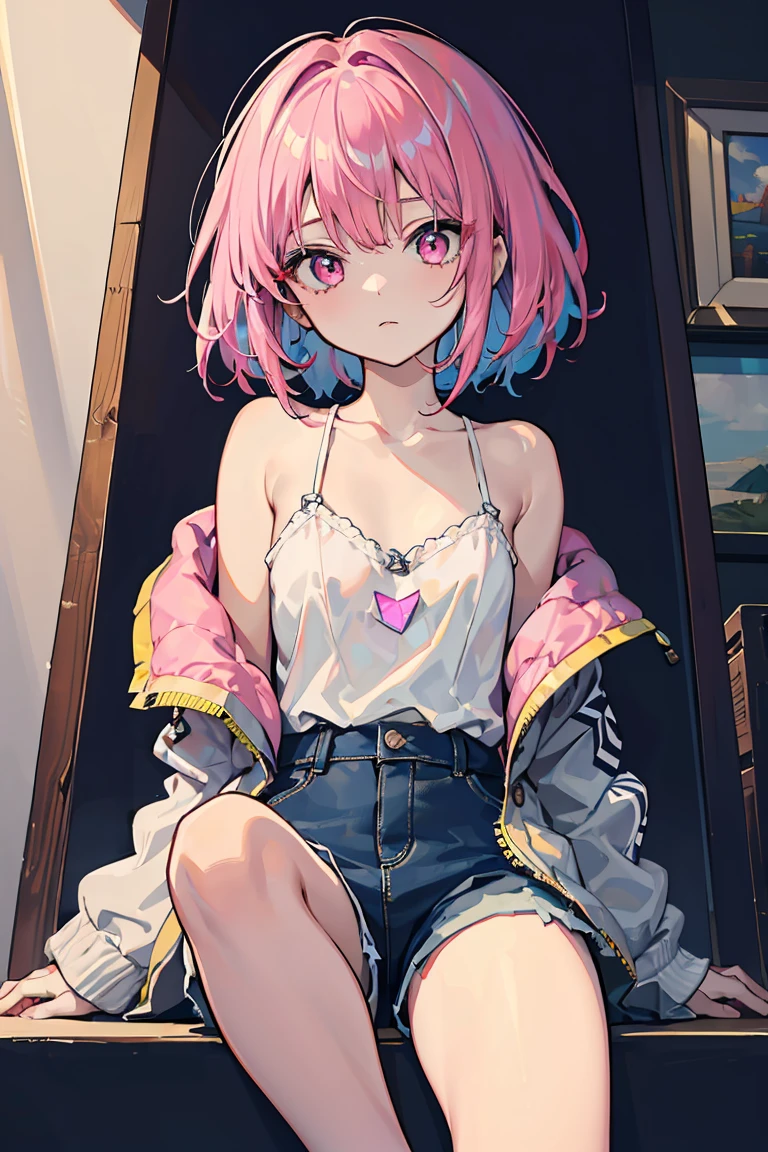1 girl, Colorful clothes, Navy Hair, Short Bob, Shorts,Jacket,Open chest, Exposed Skin, Expressionless, Triangle sitting, Pink Eyes, ((Navy Hair, Heart Eyes)), Pale background,, Colorful Hair, Messy Hair, tonalism, Romanticism, modern art, Impressionism, reflected light, 8k, masterpiece, Advanced Details, highest quality, Accurate