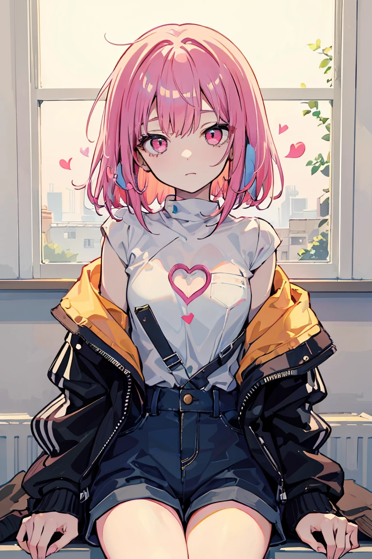 1 girl, Colorful clothes, Navy Hair, Short Bob, Shorts,Jacket,Open chest, Exposed Skin, Expressionless, Triangle sitting, Pink Eyes, ((Navy Hair, Heart Eyes)), Pale background,16 years old, Colorful Hair, Messy Hair, tonalism, Romanticism, modern art, Impressionism, reflected light, 8k, masterpiece, Advanced Details, highest quality, Accurate
