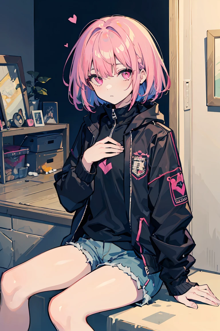1 girl, Colorful clothes, Navy Hair, Short Bob, Shorts,Jacket,Open chest, Exposed Skin, Expressionless, Triangle sitting, Pink Eyes, ((Navy Hair, Heart Eyes)), Pale background,16 years old, Colorful Hair, Messy Hair, tonalism, Romanticism, modern art, Impressionism, reflected light, 8k, masterpiece, Advanced Details, highest quality, Accurate