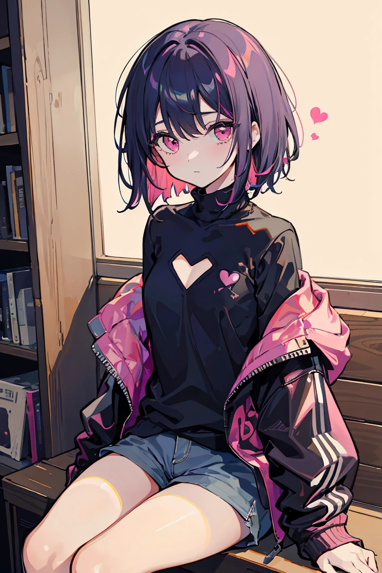 1 girl, Colorful clothes, Navy Hair, Short Bob, Shorts,Jacket,Open chest, Exposed Skin, Expressionless, Triangle sitting, Pink Eyes, ((Navy Hair, Heart Eyes)), Pale background,16 years old, Colorful Hair, Messy Hair, tonalism, Romanticism, modern art, Impressionism, reflected light, 8k, masterpiece, Advanced Details, highest quality, Accurate