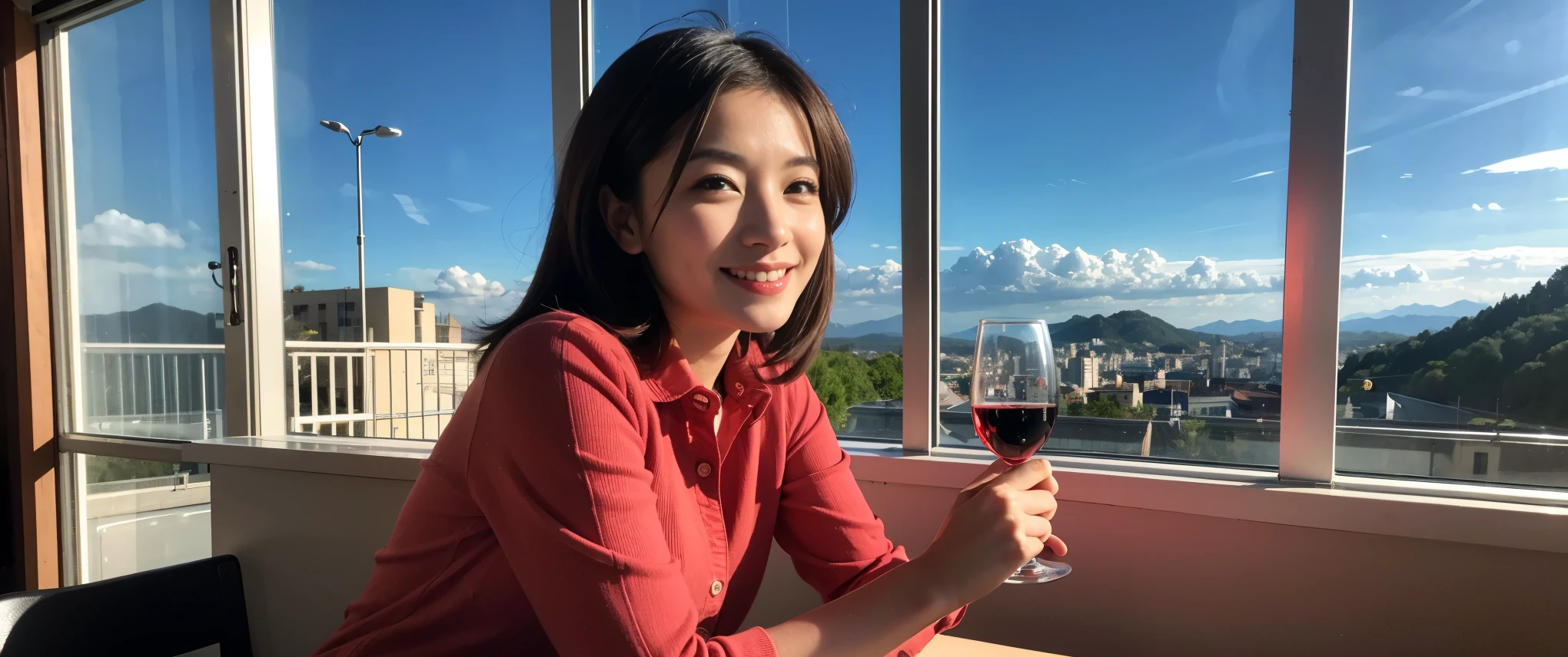 ((highest quality、8k、masterpiece:1.3))、Sharp focus:1.2、Beautiful woman perfect body:1.4、slimなボディ、((Bob Hale、Straight hair:1.2))、(to be born, highest quality, masterpiece:1.5), (Realistic, Intricate details:1.2), テーブルにwine glass、Put the light on your face、 Amazing view of the sunset sky and clouds、Amazing mountain views、ニコニコ明るいsmile、smileの素敵な女性、Bright image、2. The beauty of wine, Beautiful Face, blue eyes, The light shines on your face, Blushing, short hair,Bright Face、Fox face、 (43 years old), 39 years old, Lady、red wine 、Appetizers、Italian food、Wine bottle、Champagne、sparkling wine、Two beauties、Brown Hair、Shortcuts、Long sleeve shirt、dress、Pretty Woman 1, (slimな顔), (The body is slim), (Brown Hair), (Shortcuts), cheeks turn a little red,Attractive beauty、, Out of the window, A beautiful and detailed night view unfolds.........., restaurant, In a prominent place (From the waist up) Nova Frog Style, actress, model, Upper Body, White wine, slim, wine glass, 真ん中に置かれたwine glass, smile, (smile: 1.15), Beautiful fine grain, Depth f/2,saturation, High Contrast, Strong light and shadow,Moist Body:1.5、3D texture、Delicate eyes、Brown Hair、The hair is very shiny、