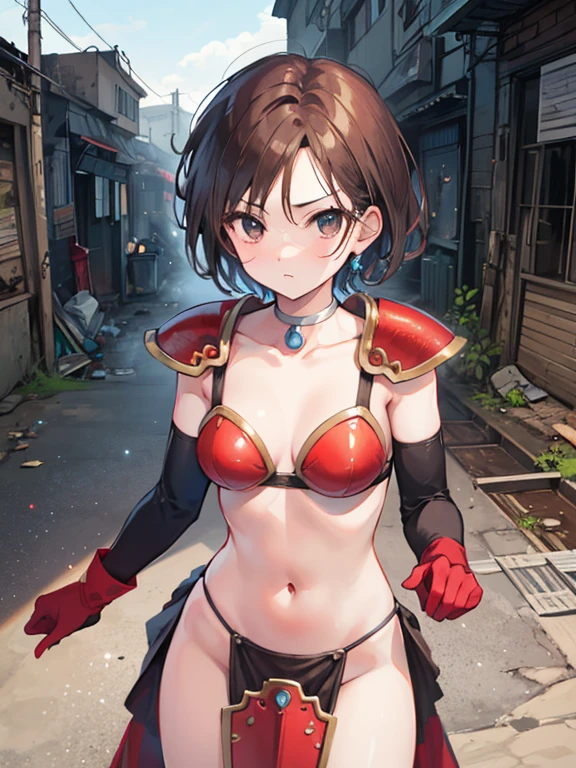masterpiece,highest quality,1 girl,brown hair,short hair,parted bangs,(red tassets),Red shoulder armor,elbow gloves,black eyes,warrior,fantasy,choker,navel,dragon quest,dirty slum town,cowboy shot,