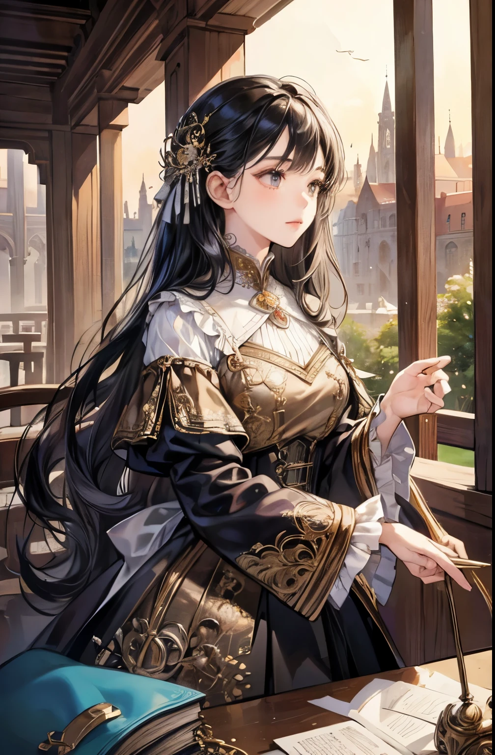 (absurd, high resolution, Ultra Detailed), 1 girl, solitary,  Baroque, Long skirt, Long sleeve, elegant, Colorful, The most detailed, Upper Body