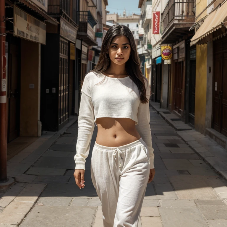 desing, Interrior, Interriordesing Masterpiece, La mejor calidad, (foto RAW altamente detallada:1.2), Renderizado 8K en octanaje, volumetric illumination, Volumetric shadows Portrait of a india woman, (mirada apasionada), sin pantalon, sexy, pullover, Caminando por la ciudad, fair complexion