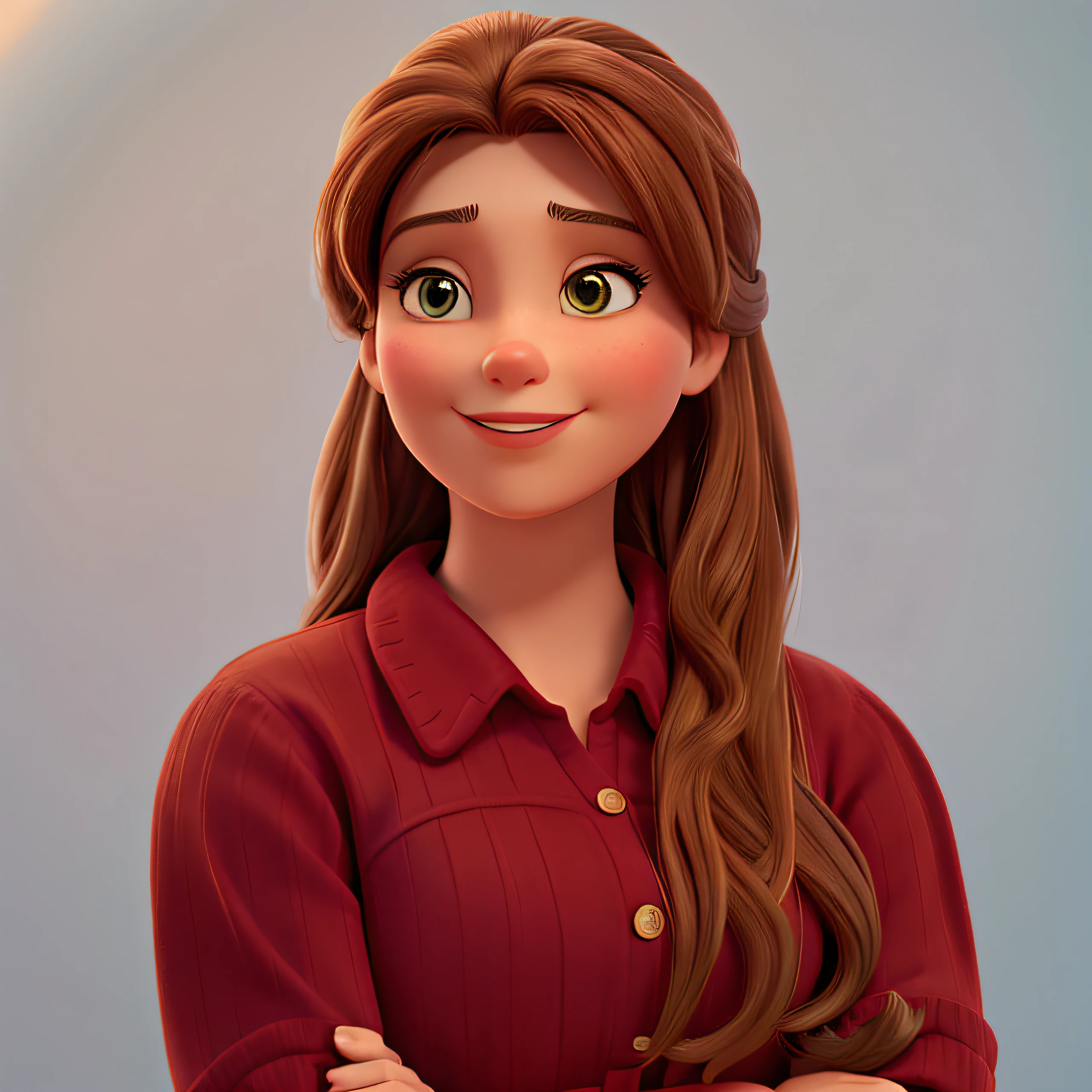 Disney, Disney character, gros plan d'une femme,arms crossed, Souriant, long light brown hair brushed to one side and a red shirt, lipstick, photo de profil professionnel