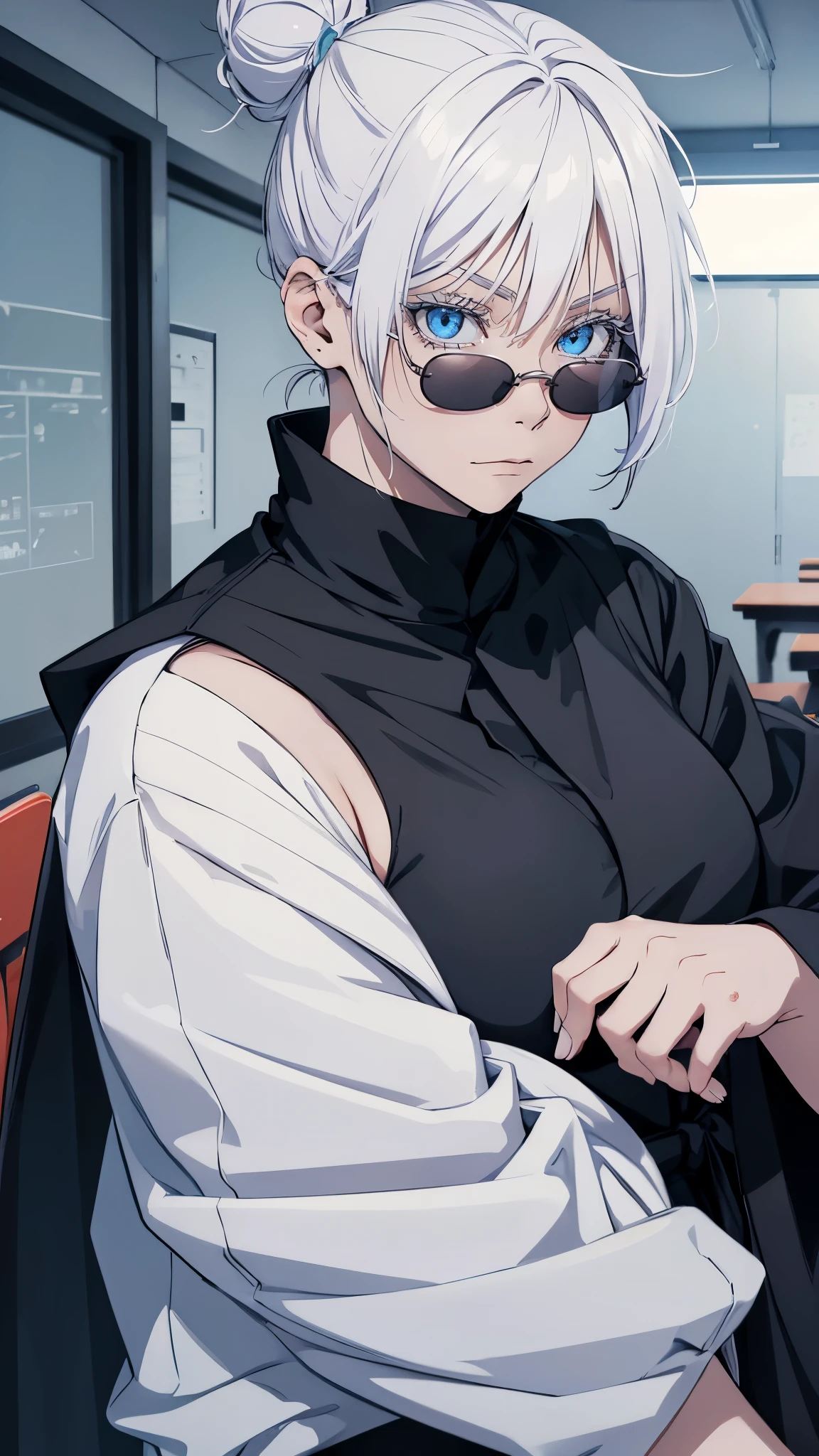 Woman, famale version, female, solo, alone, jujutsu kaisen, white hair, hair bun, white eyebrows, white eyelashes, light blue eyes, detailed eyes, wearing round sunglasses, wearing black shirt, black clothing, classroom, high quality, 4k resolution, anime