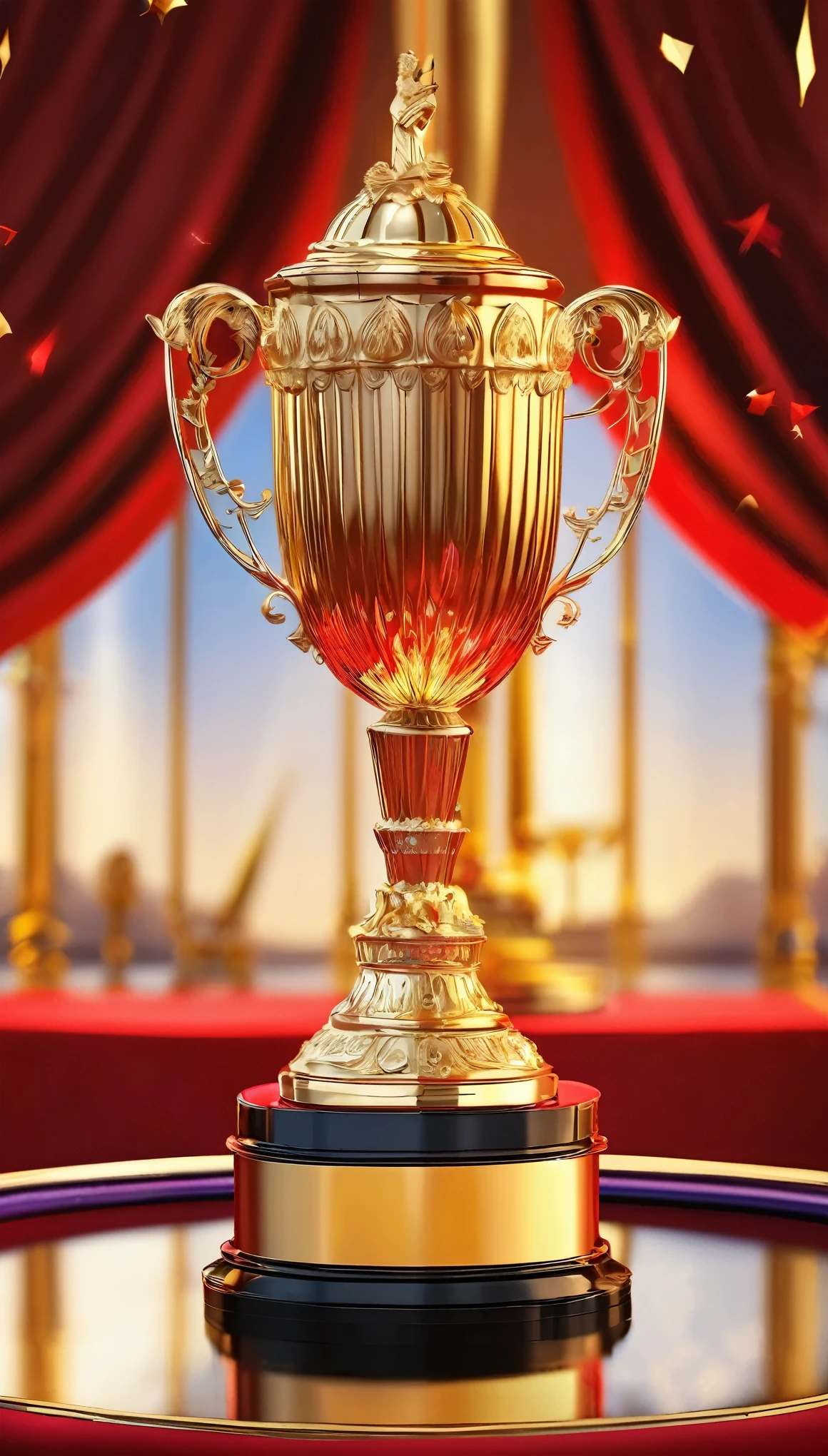 (highest quality:1.2, Very detailed, High Contrast, masterpiece:1.2, highest quality, Best aesthetics), A glorious trophy with a golden statuette, Glittering gold trophy, Sparkling champagne, Winning attitude, Trophy surface reflection, Painted detail on the base of the trophy, Golden engraving on trophy, Luxurious ornament on background, Red cloth or table, Background Blur, Adrenaline rush, A lavish awards ceremony, 