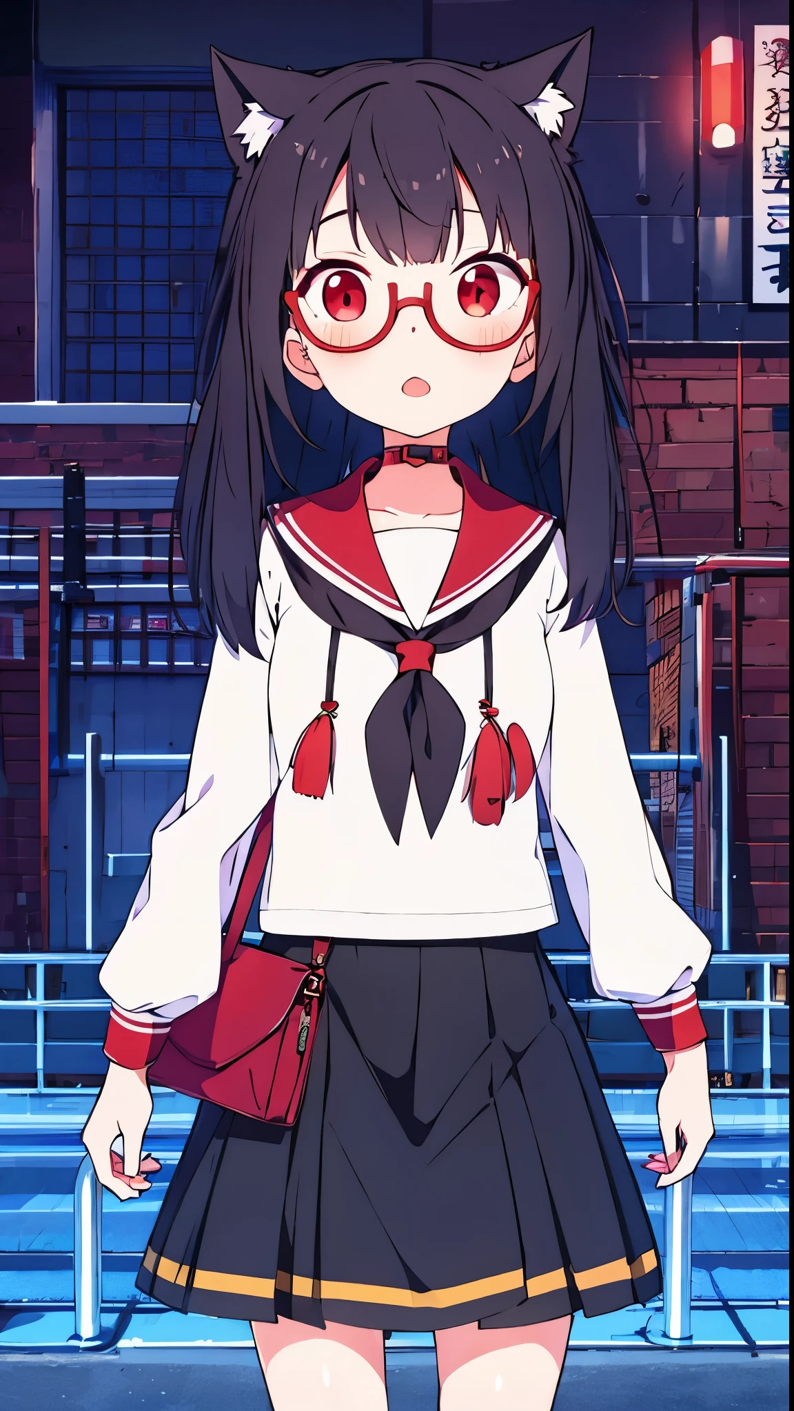 girl black  hair  red eyes Glasses nekomimi 