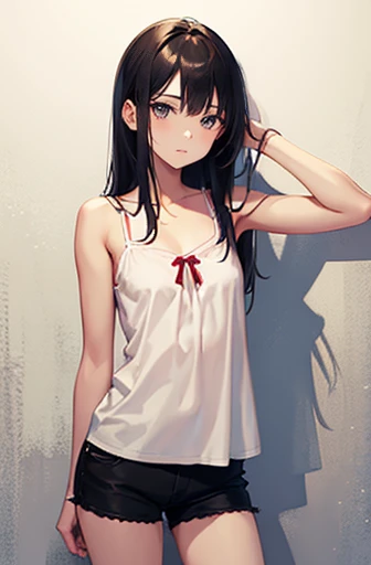 A girl is wearing camisole and black shorts. Small bust, Skinny body