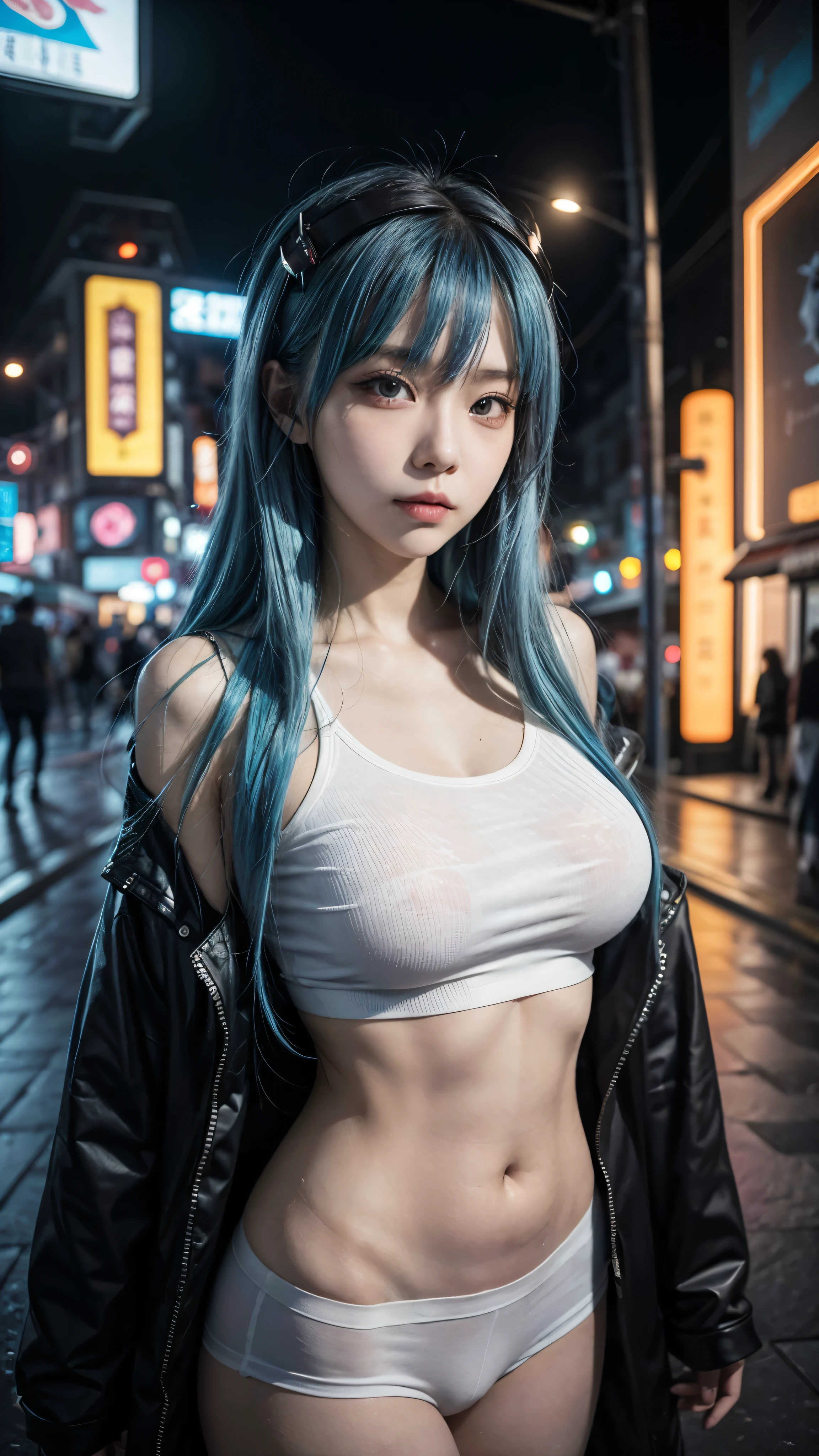 there is a woman with a blue hair and a white top, anime girl cosplay, inspired by Leng Mei, photo of slim girl model, anime girl in real life, seductive anime girl, cyberpunk 2 0 y. o model girl, chinese girl, female cyberpunk anime girl, photo of slim girl, beautiful cyberpunk woman model, anime cosplay, cosplay photo, cosplay