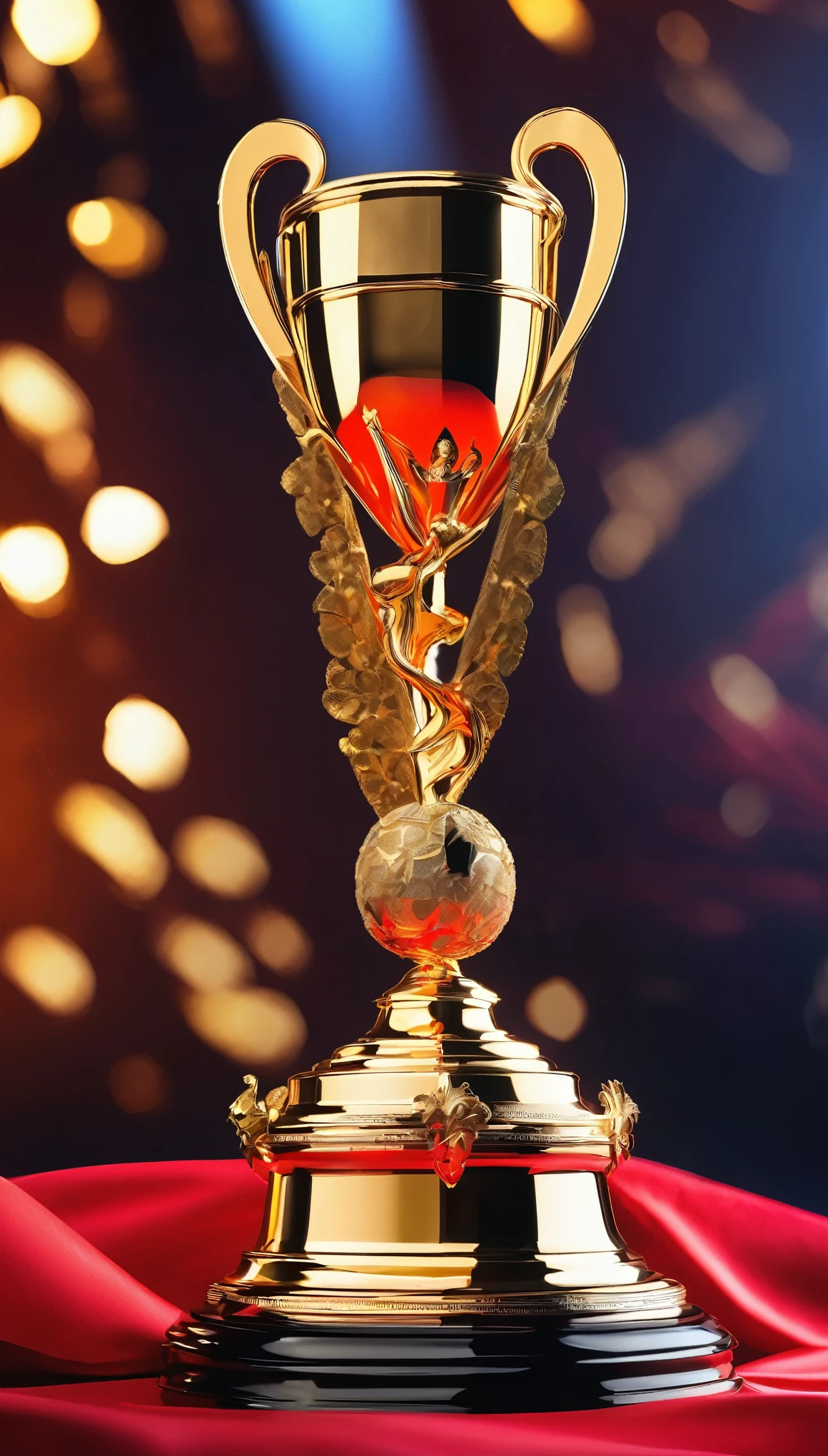 (highest quality:1.2, Very detailed, High Contrast, masterpiece:1.2, highest quality, Best aesthetics), A glorious trophy with a golden statuette, Glittering gold trophy, Sparkling champagne, Winning attitude, Trophy surface reflection, Painted detail on the base of the trophy, Golden engraving on trophy, Luxurious ornament on background, Red cloth or table, Background Blur, Adrenaline rush, A lavish awards ceremony, 