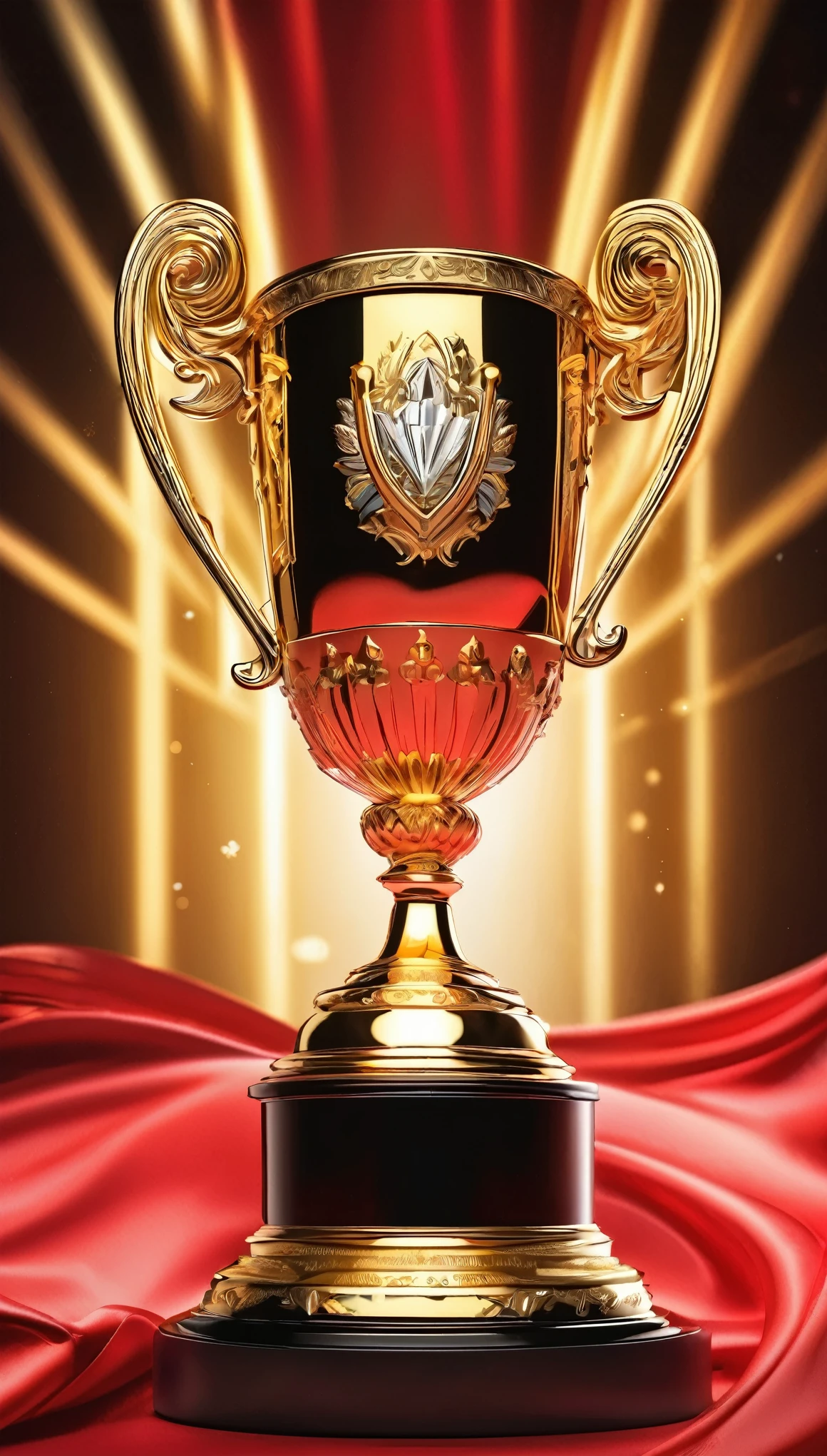 (highest quality:1.2, Very detailed, High Contrast, Photorealistic:1.37, masterpiece:1.2, highest quality, Best aesthetics), A glorious trophy with a golden statuette, Glittering gold trophy, Sparkling champagne, Winning attitude, Trophy surface reflection, Painted detail on the base of the trophy, Golden engraving on trophy, Luxurious ornament on background, Red cloth or table, Background Blur, Adrenaline rush, A lavish awards ceremony,