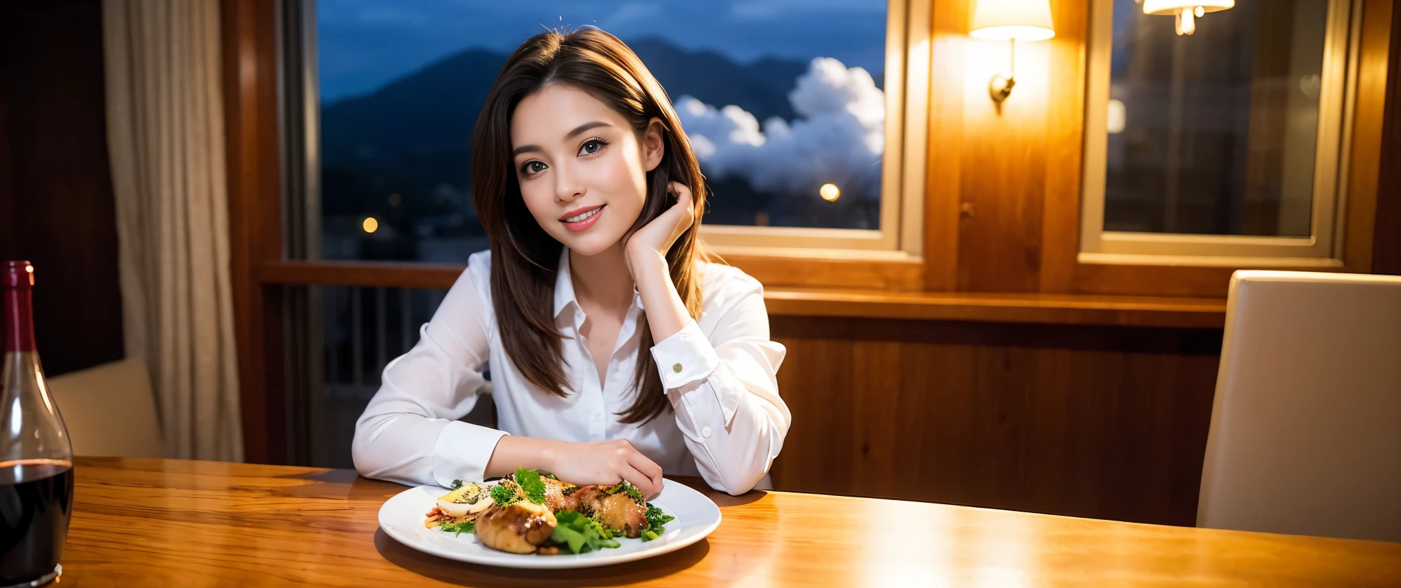 ((highest quality、8k、masterpiece:1.3))、Sharp focus:1.2、Beautiful woman perfect body:1.4、slimなボディ、((Bob Hale、Straight hair:1.2))、(to be born, highest quality, masterpiece:1.5), (Realistic, Intricate details:1.2), テーブルにwine glass、Shine light on your face、 Amazing view of the sunset sky and clouds、Amazing mountain views、ニコニコ明るいsmile、smileの素敵な女性、Bright image、2. The beauty of wine, Beautiful Face, blue eyes, The light shines on your face, Blushing, short hair,Bright Face、Fox face、 (43 years old), 39 years old, Lady、red wine 、Appetizers、Italian food、Wine bottle、Champagne、sparkling wine、Two beauties、Brown Hair、Shortcuts、Long sleeve shirt、dress、Pretty Woman 1, (slimな顔), (The body is slim), (Brown Hair), (Shortcuts), cheeks turn a little red,Attractive beauty、, Out of the window, A beautiful and detailed night view unfolds.........., restaurant, In a prominent place (From the waist up) Nova Frog Style, actress, model, Upper Body, White wine, slim, wine glass, 真ん中に置かれたwine glass, smile, (smile: 1.15), Beautiful fine grain, Depth f/2,saturation, High Contrast, Strong light and shadow,Moist Body:1.5、3D texture、Delicate eyes、Brown Hair、The hair is very shiny、