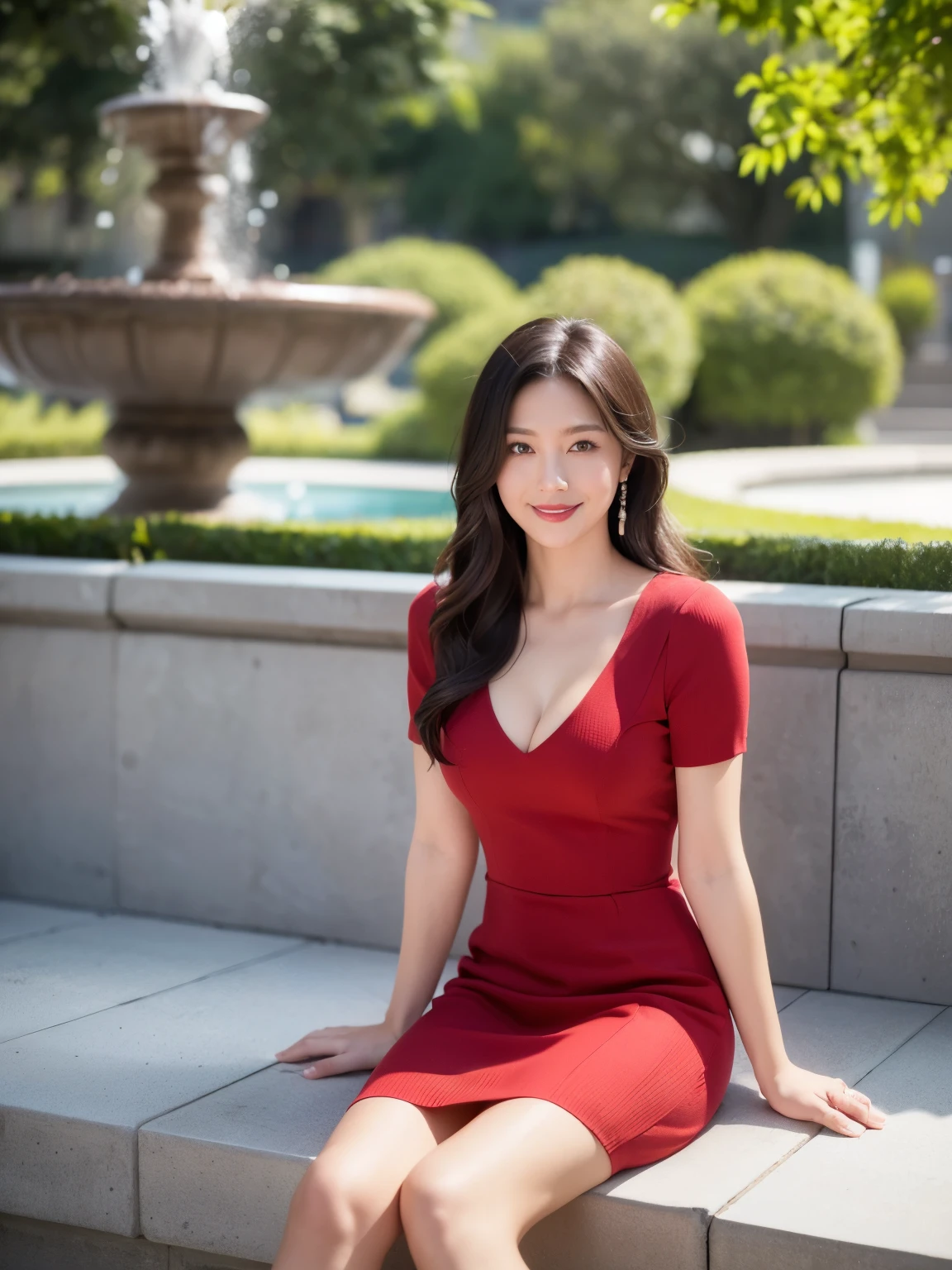 最high quality, In 8K, Masseter region, Vibrant, Sharp focus, high quality, High resolution, Detailed face, fine grain, Red lips, (Looking at the audience), alone, Beautiful woman, 38 years old, Japanese women, (Short black hair:1.6)、(Bob Hair:1.4), Cleavage, Lunch break、Large city park、Green Grass、In front of a big fountain、(sitting on a park bench:1.3)、(Full body photo:1)、(Red short sleeve knitted dress:1.5)、(Knee-length dresses:1.5)、(Black pumps:1.5)、(Red lipstick:1)、(smile:1.3)、(standard body type)、(D cup breasts)、(Evening Scenery:1.5)