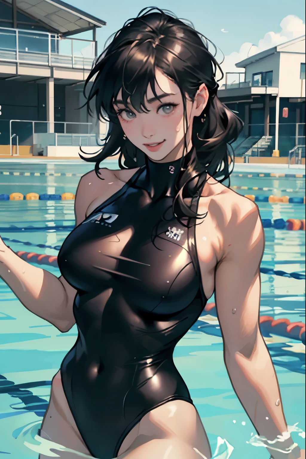 masterpiece、highest quality、High resolution、Two realistic girls、Competitive swimmer、Close-up of a person、wearing a black bodysuit、During Competitive swimmerics competitions、smile、Swimming Venues、Sexy competitive swimsuit 