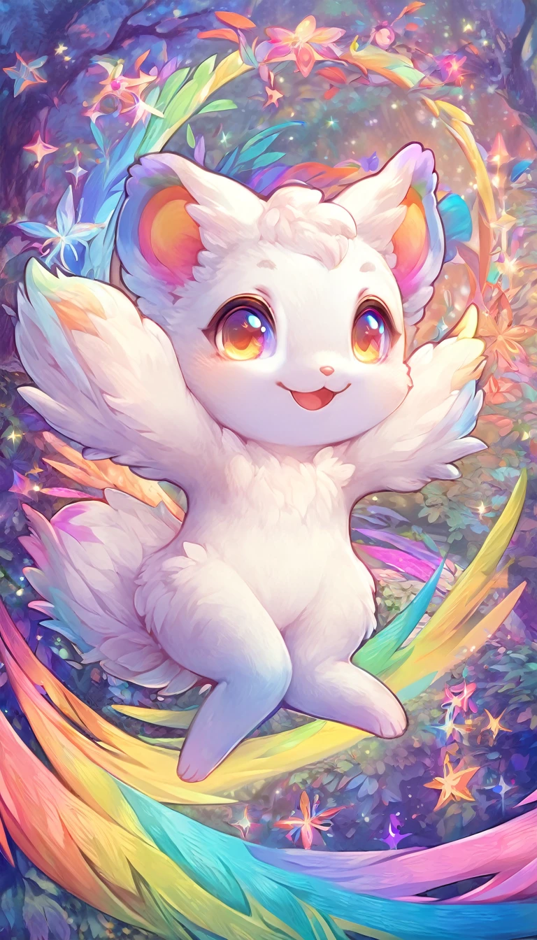 Super Deformation, Furry, interesting, highest quality, highest quality, 16k, A cute fluffy white flying squirrel, A big smile, Cute pose, in the forest, Fantasy world image, Fantastic and mysterious, Sparkling rainbow pastels and vibrant colors、Diverse visual style combining various artistic elements