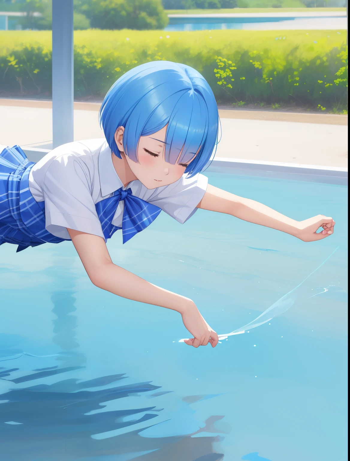 1girl, rem re zero,Short hair,Falling, rolling on the ground, facing right, camera angle from the side, looking away, photo from the side,,blue hair, closed eyes,,White shirt, short sleeve shirt, blue plaid skirt, blue bow tie,full body photo,ultra detail, ultra hd