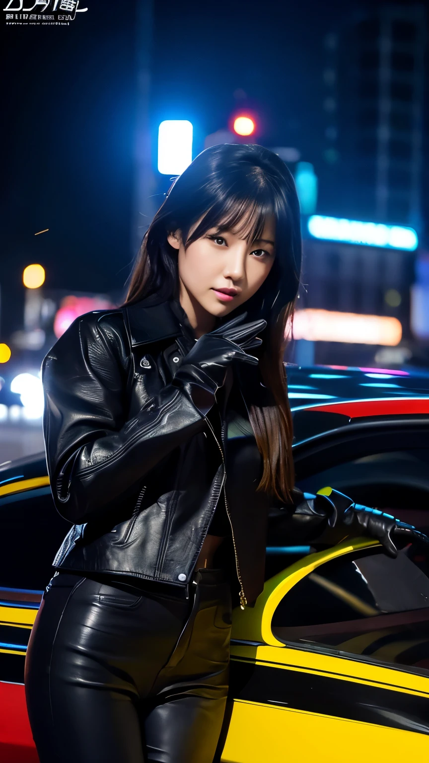 black leather rider jacket, Office in the Dark, Black leather gloved fingertips on both hands,Wearing black leather gloves,Sitting in a black leather chair、 Japanese female new recruits (Black leather gloves cover both hands) (The angle is horizontal)、Black Leather Pants,Black Leather Black Leather Pants,Black Leather Skinny Pants、Long black leather boots on both feet、Black hair ponytail ((He wears black leather gloves on his hands))Full Body Photo,full body shot full body full body leather suit,☺If you turn in this direction。Wearing black leather gloves,Wearing black leather gloves,Wearing black leather gloves,Wearing black leather gloves,Wearing black leather gloves,Wearing black leather gloves,黒のレザーパンツが美しい😍黒のレザーパンツが美しい😍黒のレザーパンツが美しい,😍Smiling while looking at me,City lights、((Neon Cyberpunk City Street:1.3))、(Neon Light)、Detailed lighting、
Best image quality、Ultra-high resolution、(realism:1.4)、Korean Beauty Star、The most beautiful KPOP stars、face、Horny Korean Makeup、A body that makes you want to touch it、Realistic leather texture、Costume made of smooth leather fabric、The drape of the curved parts of the leather fabric、The costume is very shiny、Quality of the costume、8K Photo Quality