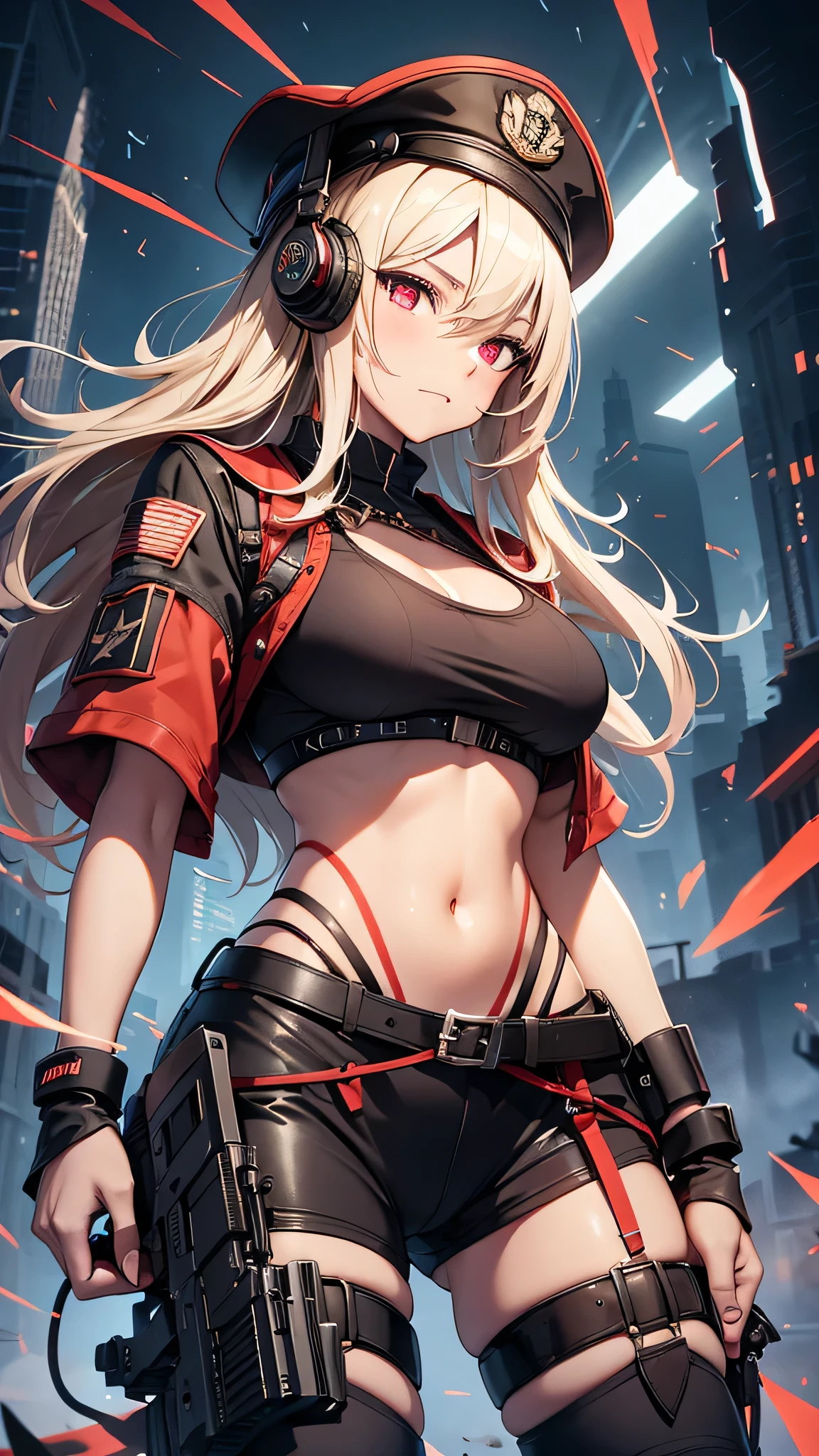 最high quality、Best image quality、masterpiece、girl((Age 25、 By becoming、Best Bust、Medium Bust,Wide open breast tea、Red glowing eyes,Blonde、Red Mesh、Disheveled Hair、Lointail、thin,The highest valley、Open chest、Luminous Wristbands、hair ornaments、Show the whole body,Black tank top、Red Bandana、Shortuscular、revolver、scar、Military Cap、Shooting Pose、Full body scar、Fighting Pose、Short sleeve jacket)),high quality、Beautiful art、background((Photography room))、Flight、Flying debris、Written boundary depth、movie、Visual Arts、Perfect art、8K,Genuine,