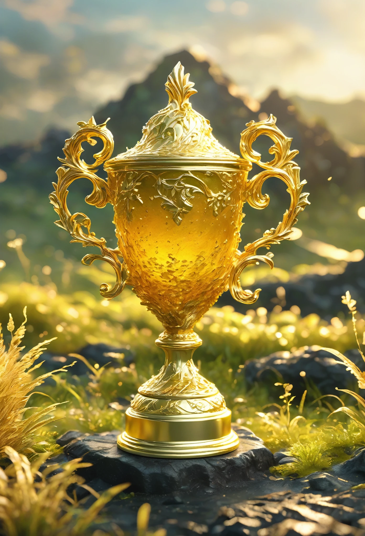best quality, very good, 16K, ridiculous, Extremely detailed, Lovely(((Gold Trophy:1.3))),Made of translucent boiling lava, Background grassland((A masterpiece full of fantasy elements))), ((best quality)), ((Intricate details))(8k)