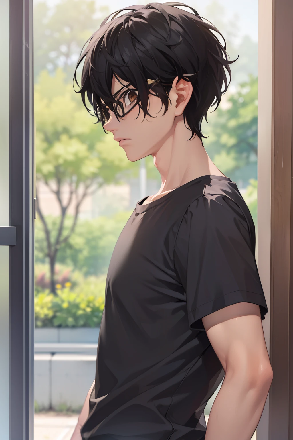 masterpiece, best quality, wallpaper, Holding the sniper,angry expression,looking away, Facing right, camera angle from the side, photo from the side, looking away,,1boy, solo, depth of field, momo_sakaki, black hair, brown eyes, hair between eyes, black shirt, Short sleeves shirt,black shorts, glasses, 16k resolution