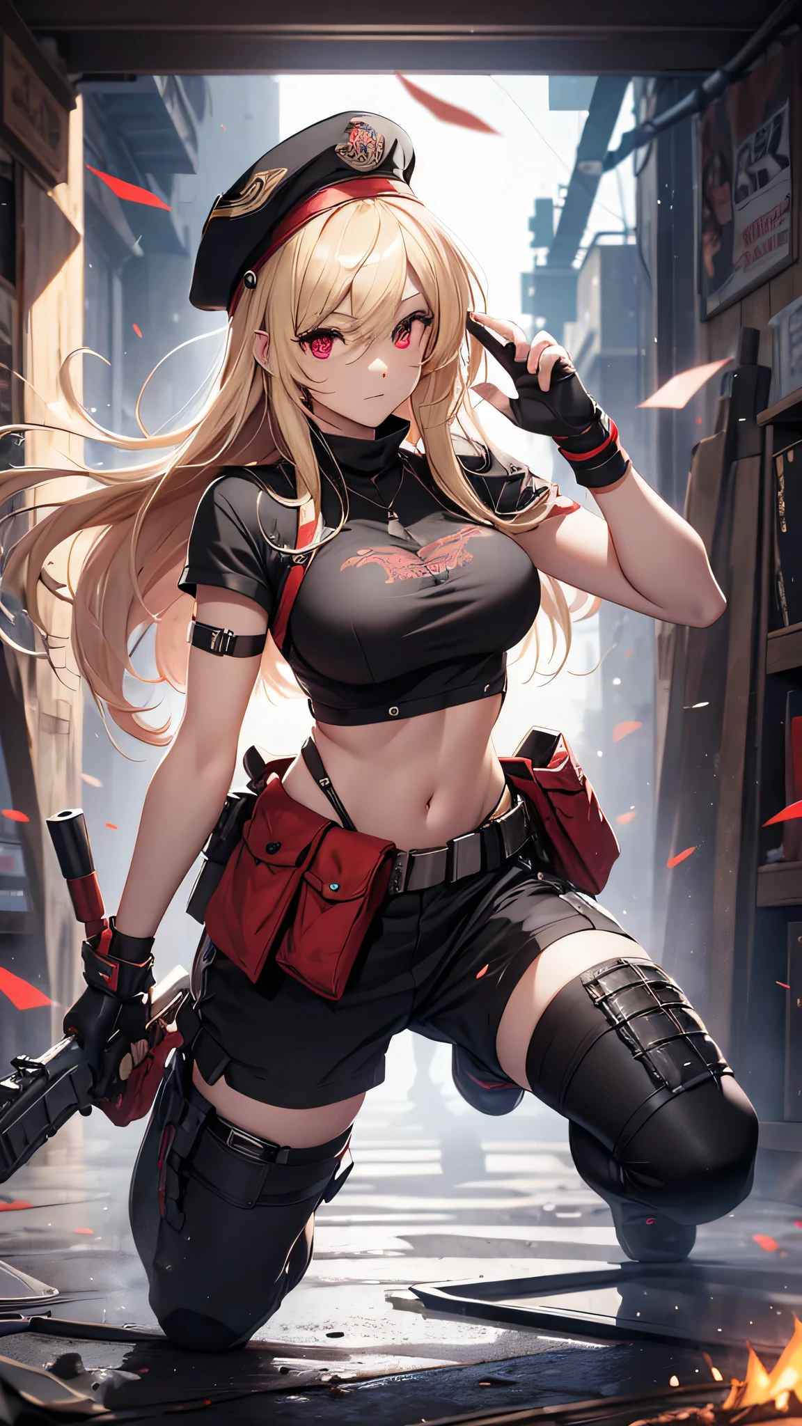 最high quality、Best image quality、masterpiece、girl((Age 25、 By becoming、Best Bust、Medium Bust,Wide open breast tea、Red glowing eyes,Blonde、Red Mesh、Disheveled Hair、Lointail、thin,The highest valley、Open chest、Luminous Wristbands、hair ornaments、Show the whole body,Black tank top、Red Bandana、Shortuscular、revolver、scar、Military Cap、Shooting Pose、Full body scar、Fighting Pose、Short sleeve jacket)),high quality、Beautiful art、background((Photography room))、Flight、Flying debris、Written boundary depth、movie、Visual Arts、Perfect art、8K,Genuine,