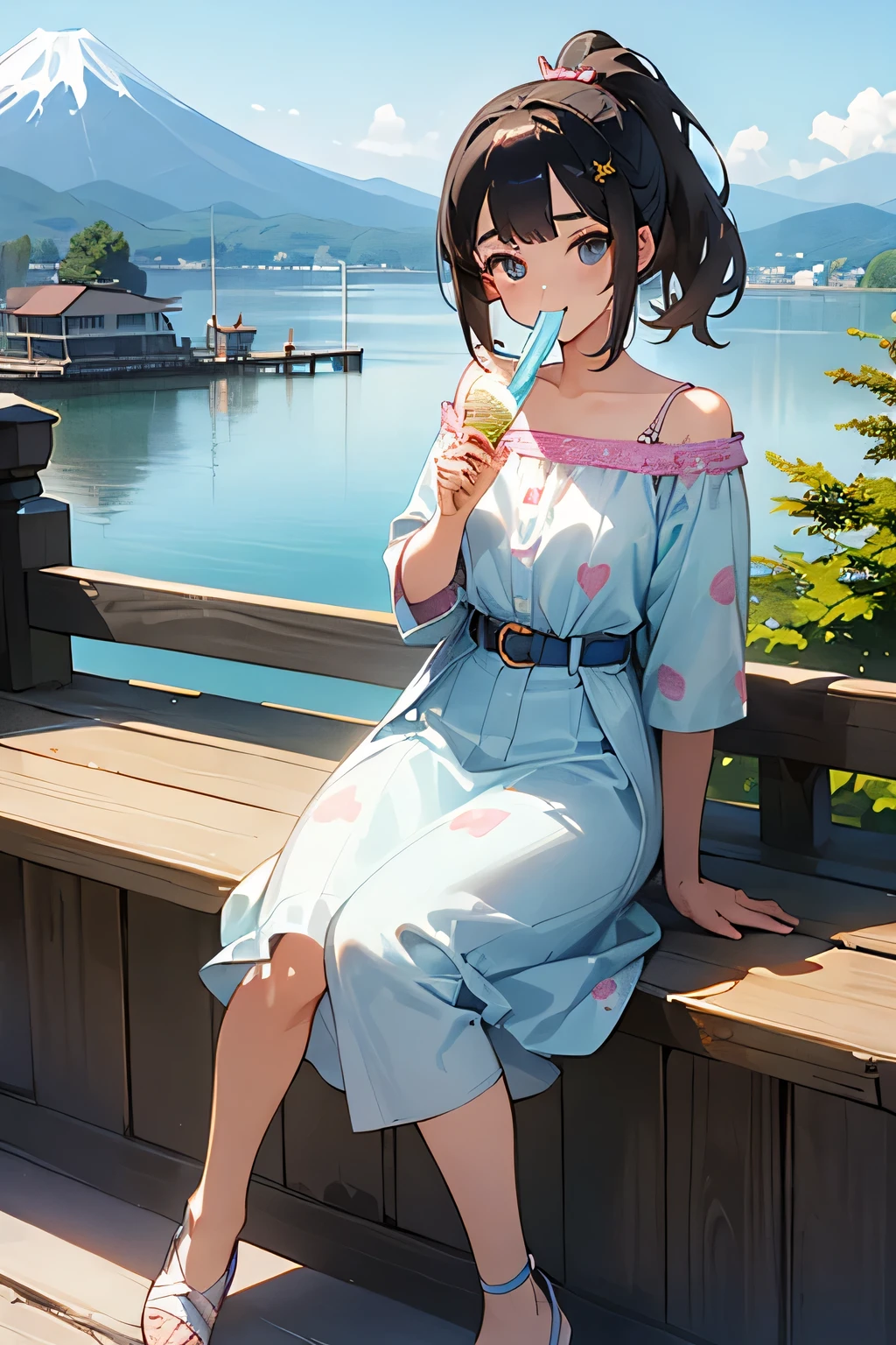 highest quality、High resolution、Detailed Background、(Beautiful face in every detail:1.4)、Anatomically correct、(Detailed facial expressions)、(Detailed eyes:1.2)、(Detailed eyes:1.2)、age beauty、(Highly detailed face:1.4)、Cute color hair color、ponytail、Bobcut、Cute hairstyle、well-groomed eyebrows、In a joking manner、A big smile、Do cute things、Fit on one screen、
(Two beautiful girls eating ice cream to beat the heat at a summer resort:1.5)、
The way she eats the ice cream with a smile and licks it is adorable.、
Light dress、Floral and fruit patterns、Dresses with bright colors and patterns, such as stripes、
Pair it with cool footwear such as sandals or espadrilles.、
Off-the-shoulder tops in bright colors and vibrant patterns、Create a light look with denim shorts、A shirt dress is an item that gives a clean impression.、
Brightly colored or striped shirt dresseark your waist with a belt to enhance your style、
Lake Kawaguchi and the Five Lakes of Yamanashi Prefecture:Located at the foot of Mt. Fuji, Lake Kawaguchi and the Five Lakes are summer resorts surrounded by beautiful natural surroundings.、You can enjoy a stroll or boat ride along the lake and the view of Mt. Fuji.