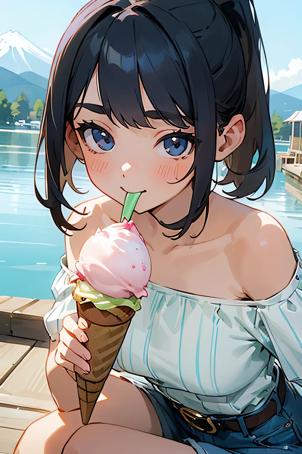 highest quality、High resolution、Detailed Background、(Beautiful face in every detail:1.4)、Anatomically correct、(Detailed facial expressions)、(Detailed eyes:1.2)、(Detailed eyes:1.2)、age beauty、(Highly detailed face:1.4)、Cute color hair color、ponytail、Bobcut、Cute hairstyle、well-groomed eyebrows、In a joking manner、A big smile、Do cute things、Fit on one screen、
(Two beautiful girls eating ice cream to beat the heat at a summer resort:1.5)、
The way she eats the ice cream with a smile and licks it is adorable.、
Light dress、Floral and fruit patterns、Dresses with bright colors and patterns, such as stripes、
Pair it with cool footwear such as sandals or espadrilles.、
Off-the-shoulder tops in bright colors and vibrant patterns、Create a light look with denim shorts、A shirt dress is an item that gives a clean impression.、
Brightly colored or striped shirt dresseark your waist with a belt to enhance your style、
Lake Kawaguchi and the Five Lakes of Yamanashi Prefecture:Located at the foot of Mt. Fuji, Lake Kawaguchi and the Five Lakes are summer resorts surrounded by beautiful natural surroundings.、You can enjoy a stroll or boat ride along the lake and the view of Mt. Fuji.