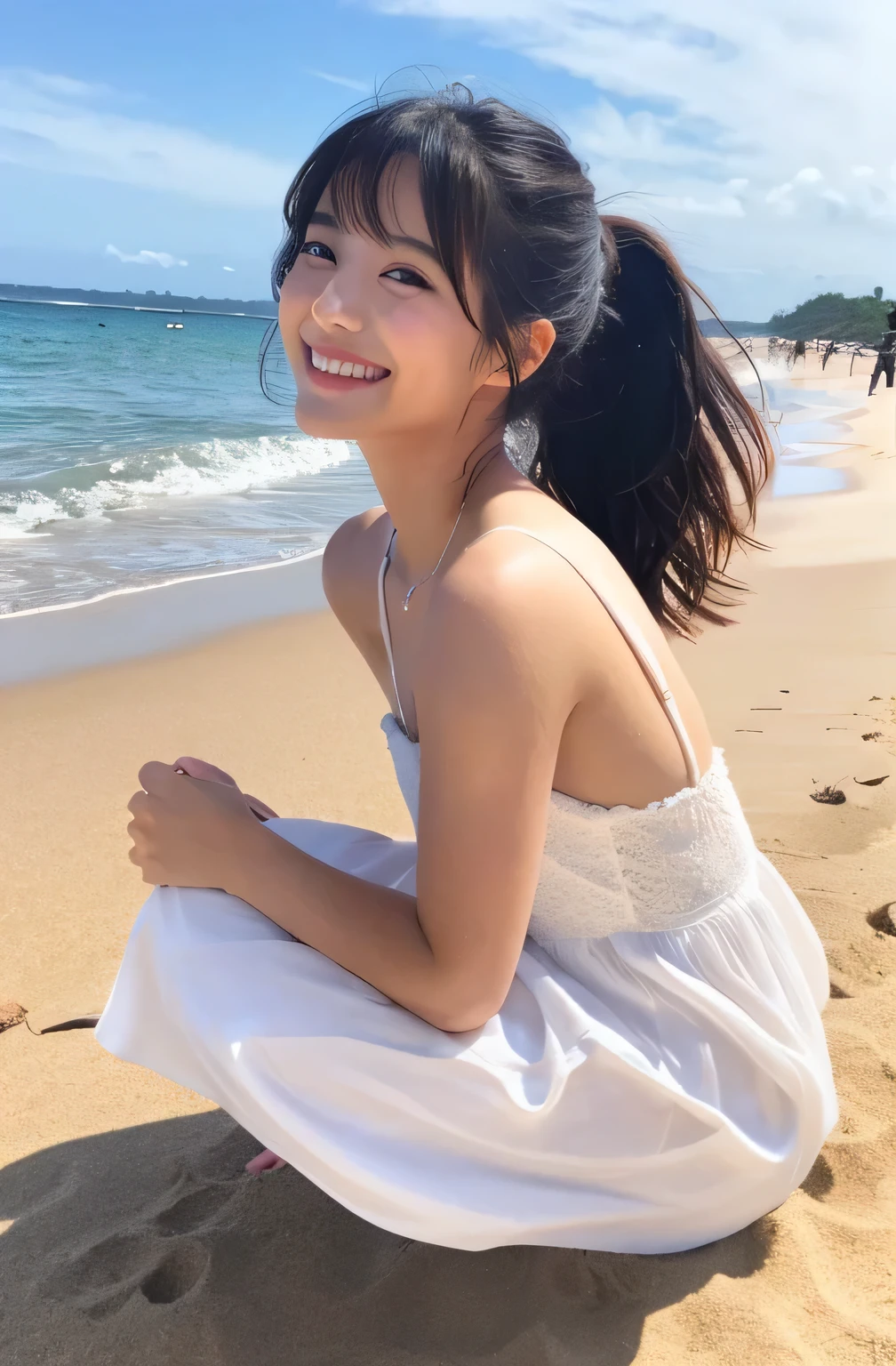 Japanese、beautiful girl、White dress、Sandy Beach、Ocean、smile、profile、