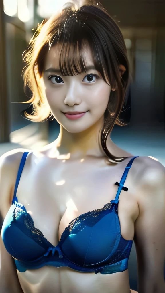 (8k, RAW photo, best quality, masterpiece:1.2), (realistic, photo-realistic:1.4), (extremely detailed 8k wallpaper), sharp focus, depth of field, blur background, bokeh,natural light,Poolside,japanese woman,30-year-old woman,ponytail,Beautiful breasts,(blue Lingerie: 1.5),(Looking at viewer,((super fine face)), Standing posture,The whole body was photographed,smile