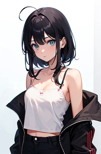 A girl is wearing undecorated camisole and black inner shorts. Small bust, Skinny body