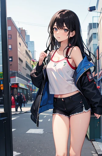 A girl is wearing undecorated camisole and black inner shorts. Small bust, Skinny body