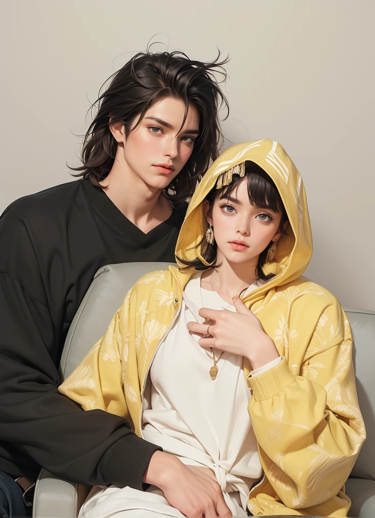 (absurdly , high quality , masterpiece , ultra detailed), ( detailed to hand ) (detailed to eyes) (detailed to face) , couples, 1 man (short black Quiff hair with Soft Fringe, bangs part on side 3:7 ratio) and 1 man (short brown hair with fringe) love ,pretty eyes (Black eyes) , black hair, fantasy, detailed background, soft light