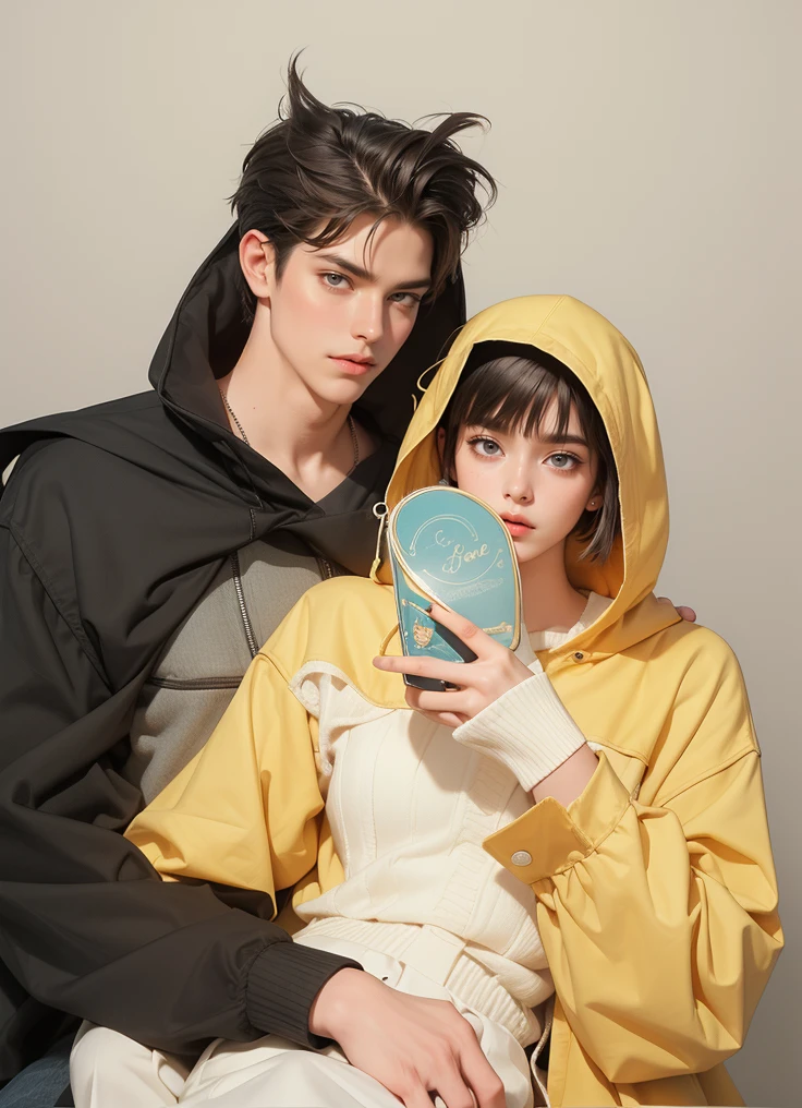 (absurdly , high quality , masterpiece , ultra detailed), ( detailed to hand ) (detailed to eyes) (detailed to face) , couples, 1 man (short black Quiff hair with Soft Fringe, bangs part on side 3:7 ratio) and 1 man (short brown hair with fringe) love ,pretty eyes (Black eyes) , black hair, fantasy, detailed background, soft light