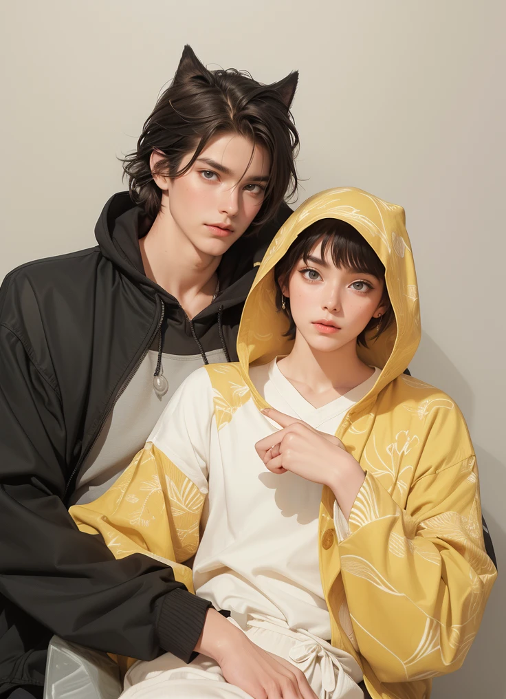 (absurdly , high quality , masterpiece , ultra detailed), ( detailed to hand ) (detailed to eyes) (detailed to face) , couples, 1 man (short black Quiff hair with Soft Fringe, bangs part on side 3:7 ratio) and 1 man (short brown hair with fringe) love ,pretty eyes (Black eyes) , black hair, fantasy, detailed background, soft light