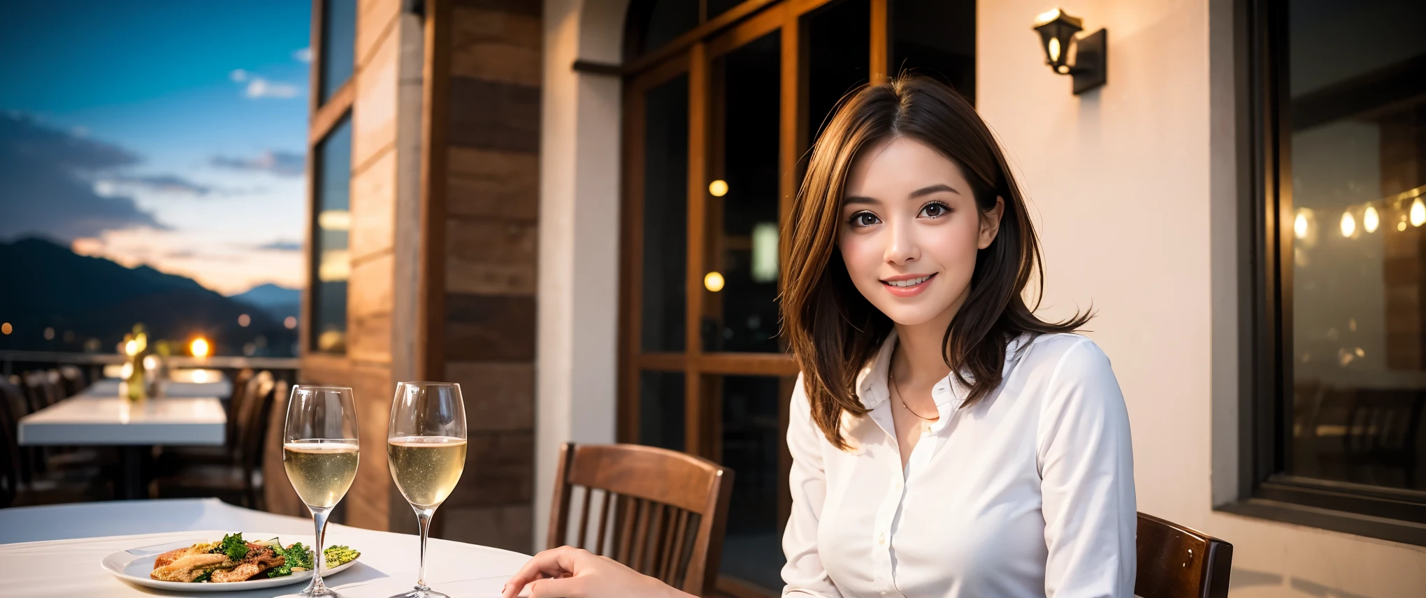 ((highest quality、8k、masterpiece:1.3))、Sharp focus:1.2、Beautiful woman perfect body:1.4、slimなボディ、((Bob Hale、Straight hair:1.2))、(to be born, highest quality, masterpiece:1.5), (Realistic, Intricate details:1.2), テーブルにwine glass、Shine light on your face、 Amazing view of the sunset sky and clouds、Amazing mountain views、ニコニコ明るいsmile、smileの素敵な女性、Bright image、2. The beauty of wine, Beautiful Face, blue eyes, The light shines on your face, Blushing, short hair,Bright Face、Fox face、 (43 years old), 39 years old, Lady、red wine 、Appetizers、Italian food、Wine bottle、Champagne、sparkling wine、Two beauties、Brown Hair、Shortcuts、Long sleeve shirt、dress、Pretty Woman 1, (slimな顔), (The body is slim), (Brown Hair), (Shortcuts), cheeks turn a little red,Attractive beauty、, Out of the window, A beautiful and detailed night view unfolds.........., restaurant, In a prominent place (From the waist up) Nova Frog Style, actress, model, Upper Body, White wine, slim, wine glass, 真ん中に置かれたwine glass, smile, (smile: 1.15), Beautiful fine grain, Depth f/2,saturation, High Contrast, Strong light and shadow,Moist Body:1.5、3D texture、Delicate eyes、Brown Hair、The hair is very shiny、