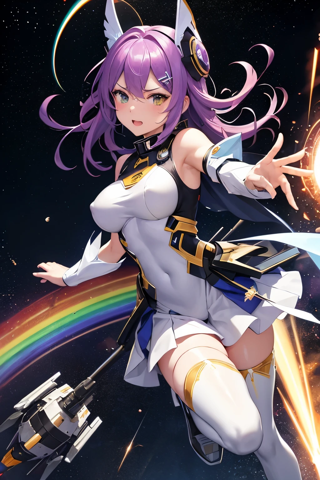 (((highest quality、first-clasasterpiece、Normal body、8k、Detailed face、Ultra-precision、Normal hand、Normal finger、5Finger、)))Brightly colored hair、Rainbow Hair、Rainbow Mechanical Angel、Large rainbow mechanical wings、Large booster、Large rainbow thruster、Visor Helmet、Racy leotard、Armor Skirt、Thought-guided remote-controlled weapon、Funnel、Bit Weapon、Full Armor、Beam rifle、Rainbow Beam、Running through space、Full boost、Beam Sword、Fighting space monsters、Variable Beam Launcher、multi missile、Mega Beam Cannon、In combat、Dogfight、High Maneuver、Space War、fleet battle、Destroy enemy ships、High mega particle cannon firing、ultimate weapon、Multi-warhead missiles、Full burst、All-at-once sweep、Breaking the Limits、critical point breakthrough、Charged particle cannon、Meteors、Defeated by Space Monster、Gets hit and tears clothes、Armor peels off to reveal underwear、White pants、White bra、Hit and exposed skin、Nipple exposure、Tattered Armor、Shabby costume、Pain、Embarrassed