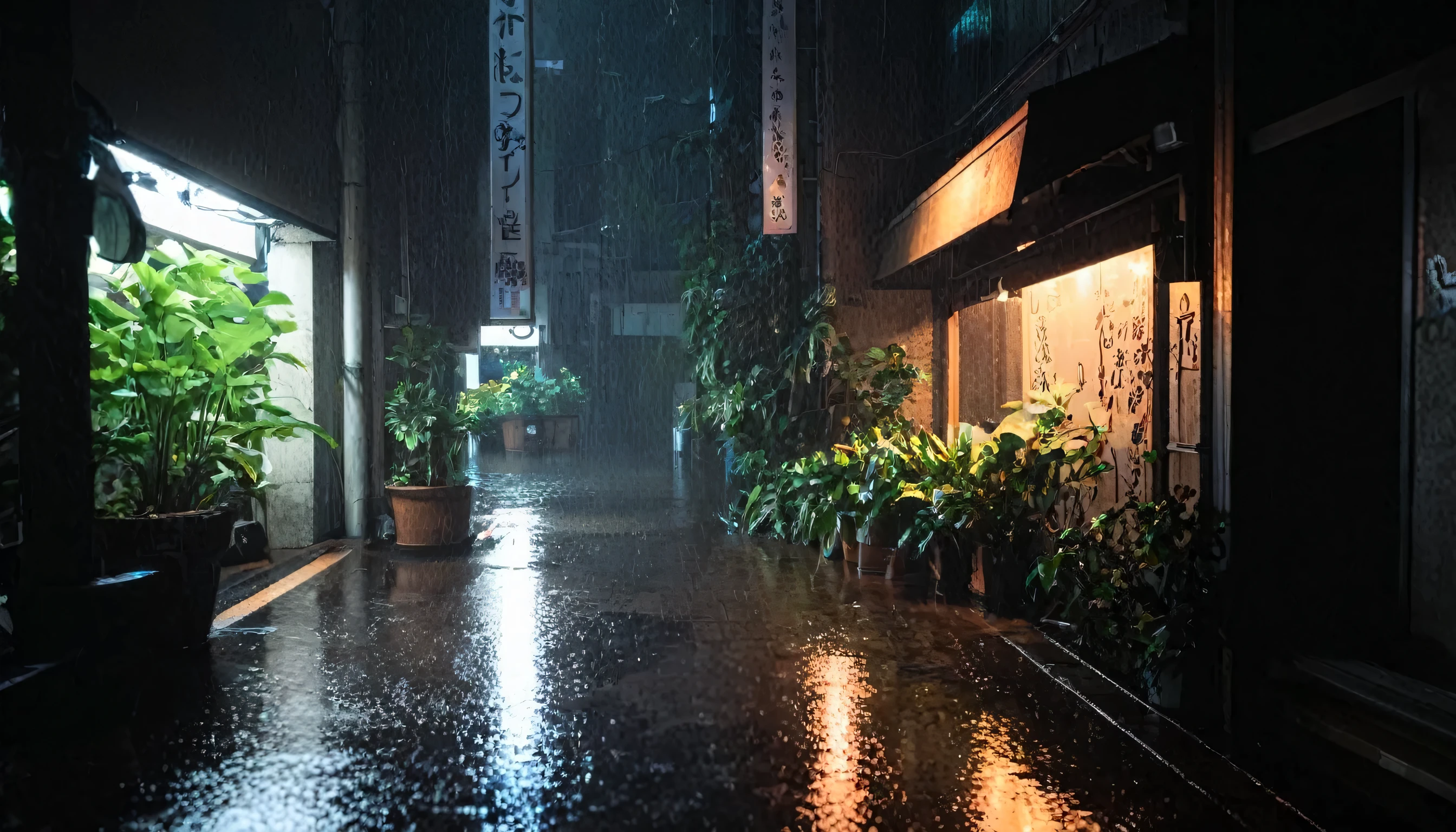 radiant darkness, scenery, sign, night, Outdoor, No humans, building, reflection, dark, water, rain, Light, Water puddle, road, street, Potted plants, 