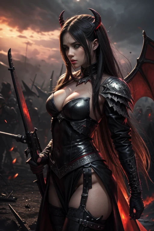 a sharp dressed demon, three quarter wiew, battlefield scenario lovely, merciless, slayer, sweet, make love and war, digital art