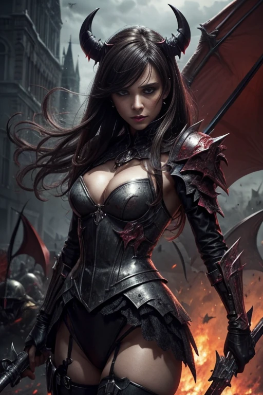 a sharp dressed demon, three quarter wiew, battlefield scenario lovely, merciless, slayer, sweet, make love and war, digital art