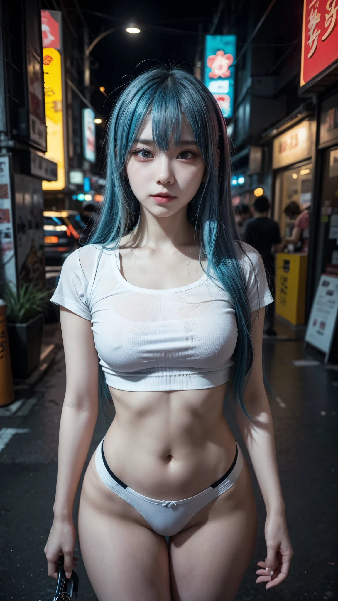 there is a woman with a blue hair and a white top, anime girl cosplay, inspired by Leng Mei, photo of slim girl model, anime girl in real life, seductive anime girl, cyberpunk 2 0 y. o model girl, chinese girl, female cyberpunk anime girl, photo of slim girl, beautiful cyberpunk woman model, anime cosplay, cosplay photo, cosplay