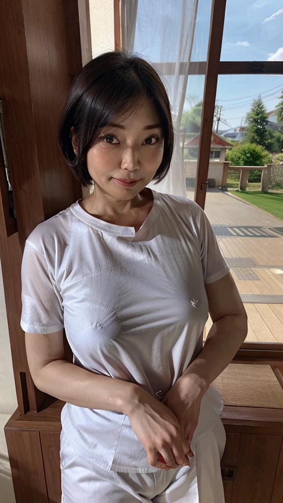 highest quality、masterpiece、detailed、High resolution、8K、
Mature Woman、65 years old、Japanese、Beauty、housewife、Aunt、
Full body image、Super big 、Large areola、Erect nipples、,、Big Ass、Thick thighs、Loose body、Voluptuous、
Perfect Face、round face、Small face、Sharp jaw、Big Nose、Slit eyes、Cat-like eyes、Smile、Wrinkles at the corners of the eyes、Dark circles in the eyes、Clear double eyelids、Nasolabial folds、Anxious expression、A stern glare、
T-Shirts、Thin fabric shorts、
Very Short Hair、