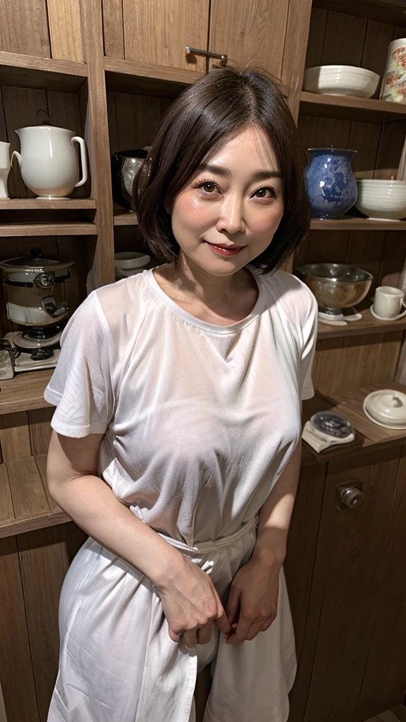 highest quality、masterpiece、detailed、High resolution、8K、
Mature Woman、65 years old、Japanese、Beauty、housewife、Aunt、
Full body image、Super big 、Large areola、Erect nipples、,、Big Ass、Thick thighs、Loose body、Voluptuous、
Perfect Face、round face、Small face、Sharp jaw、Big Nose、Slit eyes、Cat-like eyes、Smile、Wrinkles at the corners of the eyes、Dark circles in the eyes、Clear double eyelids、Nasolabial folds、Anxious expression、A stern glare、
T-Shirts、Thin fabric shorts、
Very Short Hair、
