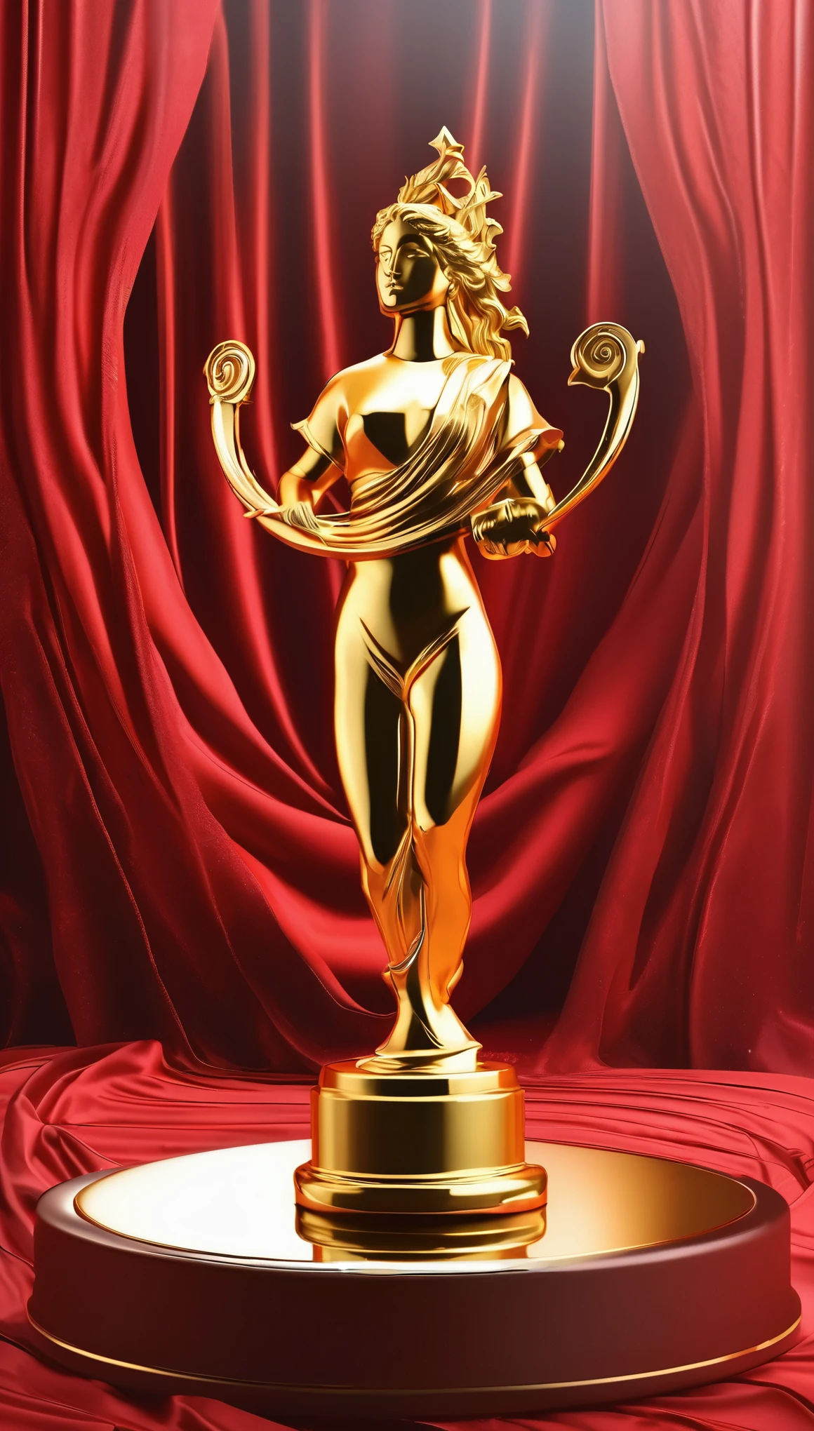(highest quality:1.2, Very detailed, High Contrast, Photorealistic:1.37, masterpiece:1.2, highest quality, Best aesthetics), A glorious trophy with a golden statuette, ((Beautiful Goddess Statue:1.4)), Glittering gold trophy, Sparkling champagne, Winning attitude, Trophy surface reflection, Painted detail on the base of the trophy, Golden engraving on trophy, Luxurious ornament on background, Red cloth or table, Background Blur, Adrenaline rush, A lavish awards ceremony,