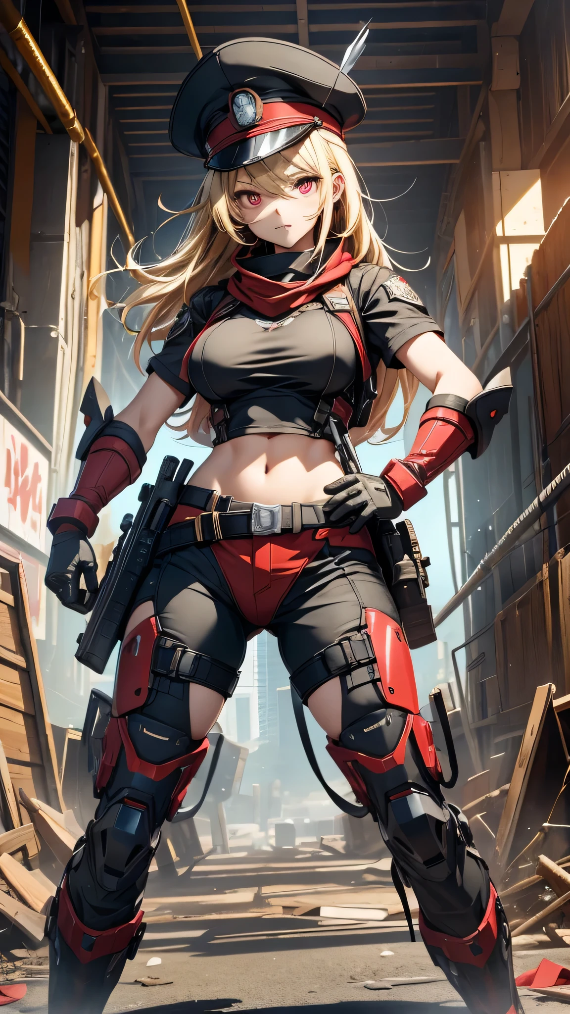 最high quality、Best image quality、masterpiece、girl((Age 25、 By becoming、Best Bust、Medium Bust,Wide open breast tea、Red glowing eyes,Blonde、Red Mesh、Disheveled Hair、Lointail、thin,The highest valley、Open chest、Luminous Wristbands、hair ornaments、Show the whole body,Black tank top、Red Bandana、Shortuscular、revolver、scar、Military Cap、Shooting Pose、Full body scar、Fighting Pose、Short sleeve jacket)),high quality、Beautiful art、background((Photography room))、Flight、Flying debris、Written boundary depth、movie、Visual Arts、Perfect art、8K,Genuine,