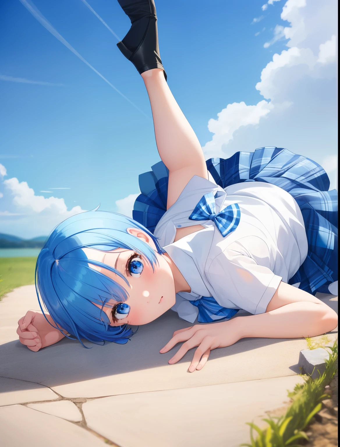 1girl, rem re zero,Short hair,Falling, rolling on the ground, facing right, camera angle from the side, looking away, photo from the side,,blue hair, blue eyes,,White shirt, short sleeve shirt, blue plaid skirt, blue bow tie,full body photo,ultra detail, ultra hd