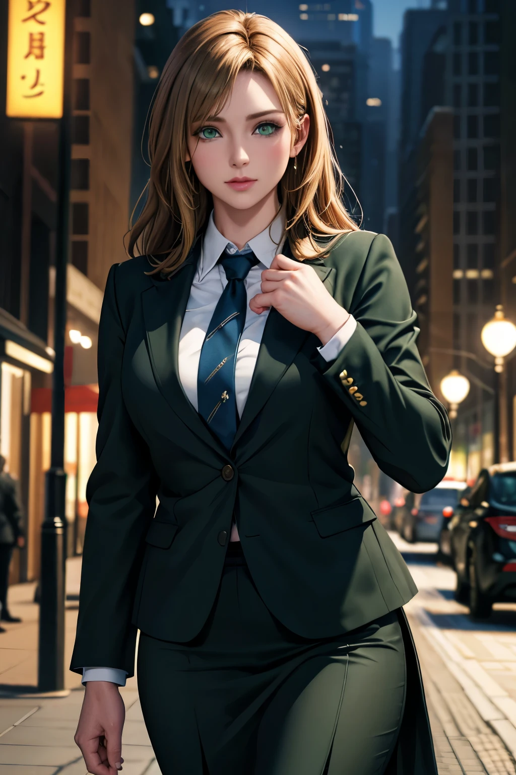 ((Caucasian,brown blond hair,smart green eyes)),(best quality,4k,8k,highres,masterpiece:1.2),ultra-detailed,(realistic,photorealistic,photo-realistic:1.37),HDR,UHD,ultra-fine painting,sharp focus,physically-based rendering,extreme detail description,professional,vivid colors,bokeh,((portrait)),1 girl,((catseye)),Daytime,In town,formal wear,hair band,suit,jacket,pants skirt,necktie,bank